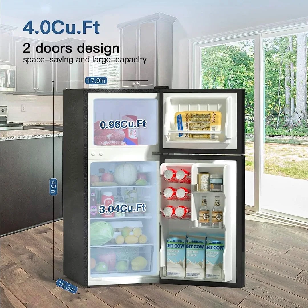 AUCHI Small Fridge with Freezer, 4.0 Cu.Ft, Samll Refrigerator with Freezer, 5 Settings Temperature Adjustable, 2 Doors, Compact Fridge for Apartment Bedroom Dorm and Office, Black