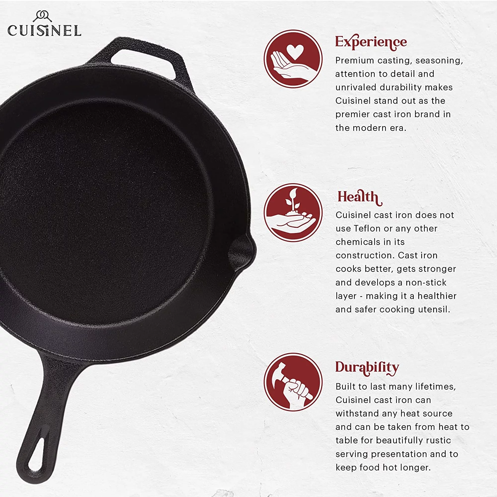 Cuisinel Cast Iron Skillet Set of 3 Kitchen Cookware Pre-Seasoned 8�� 10�� 12'