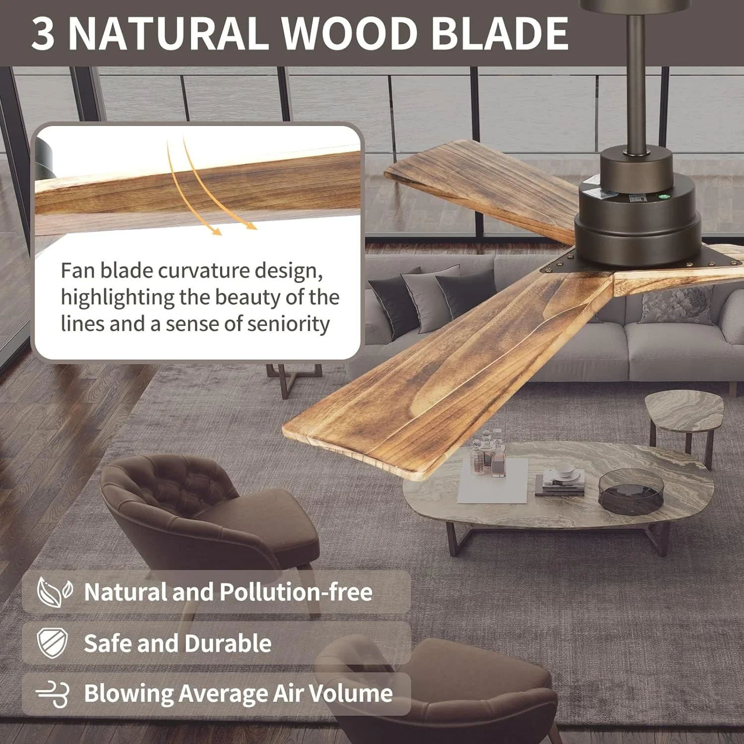 KAPOEFAN 52inch Outdoor Ceiling Fan without Light, 3 Blades Wood Ceiling fan with Remote for Living Room Dining Room, Farmhouse, Bedroom, Patio