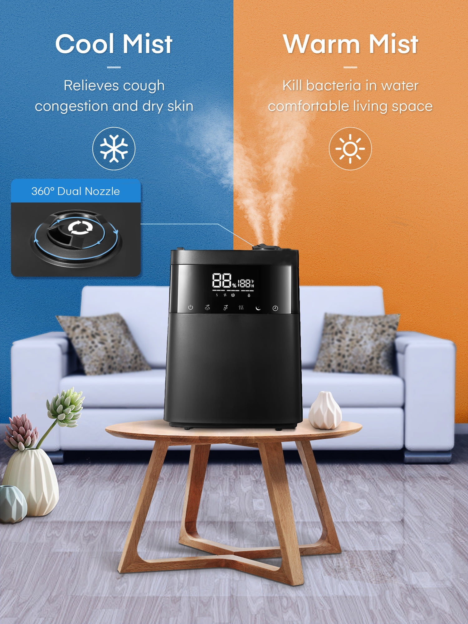 iTvanila Humidifier, 5.5L Warm and Cool Mist Humidifiers for Bedroom with Customized Humidity, Sleep Mode and 12H Timer for Living Room, Office and Baby Room (Black)