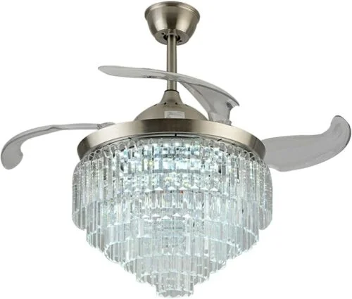KPIBEST 42' Crystal Chandelier Fan with Retractable Blades,Luxury Ceiling Fan with Light for Dining Room Living Room 3 Speed 3 Color Chrome Finish