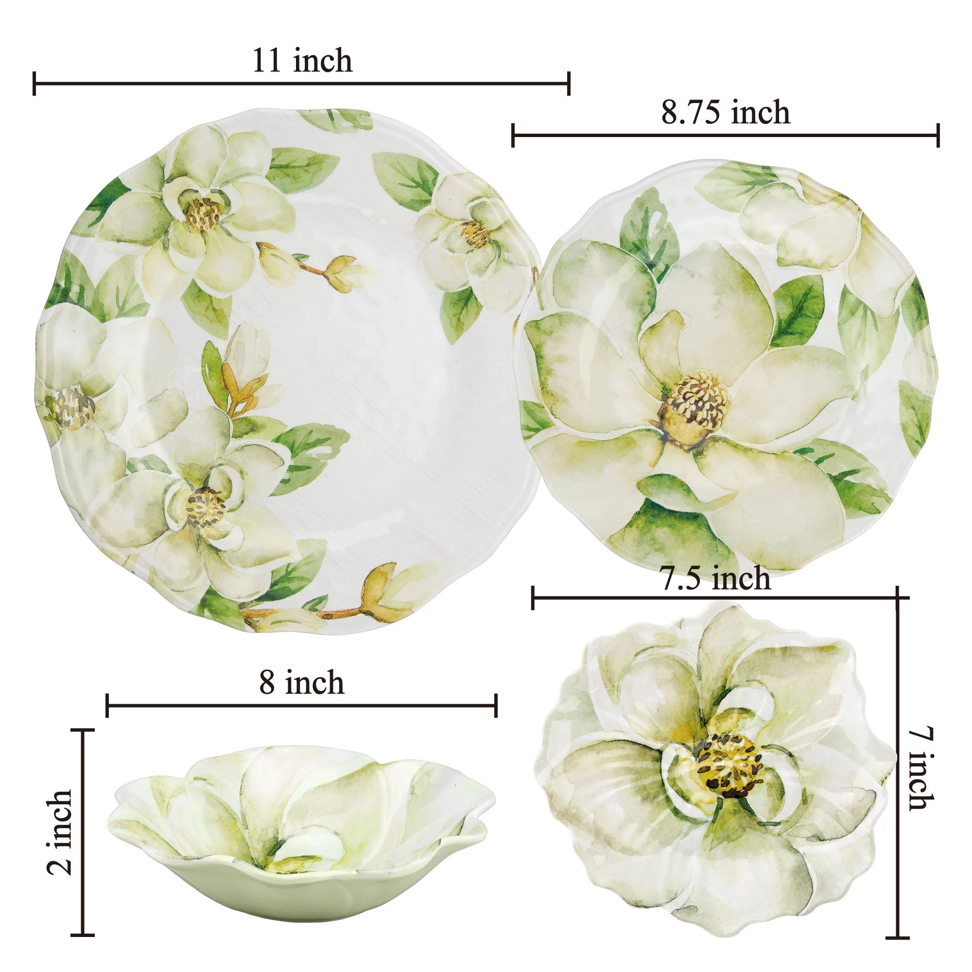 Gourmet Art 16-Piece Melamine Dinnerware Set, Includes Dinner Plates, Salad Plates, Dessert Plates, Bowls, Service for 4. (Magnolia)