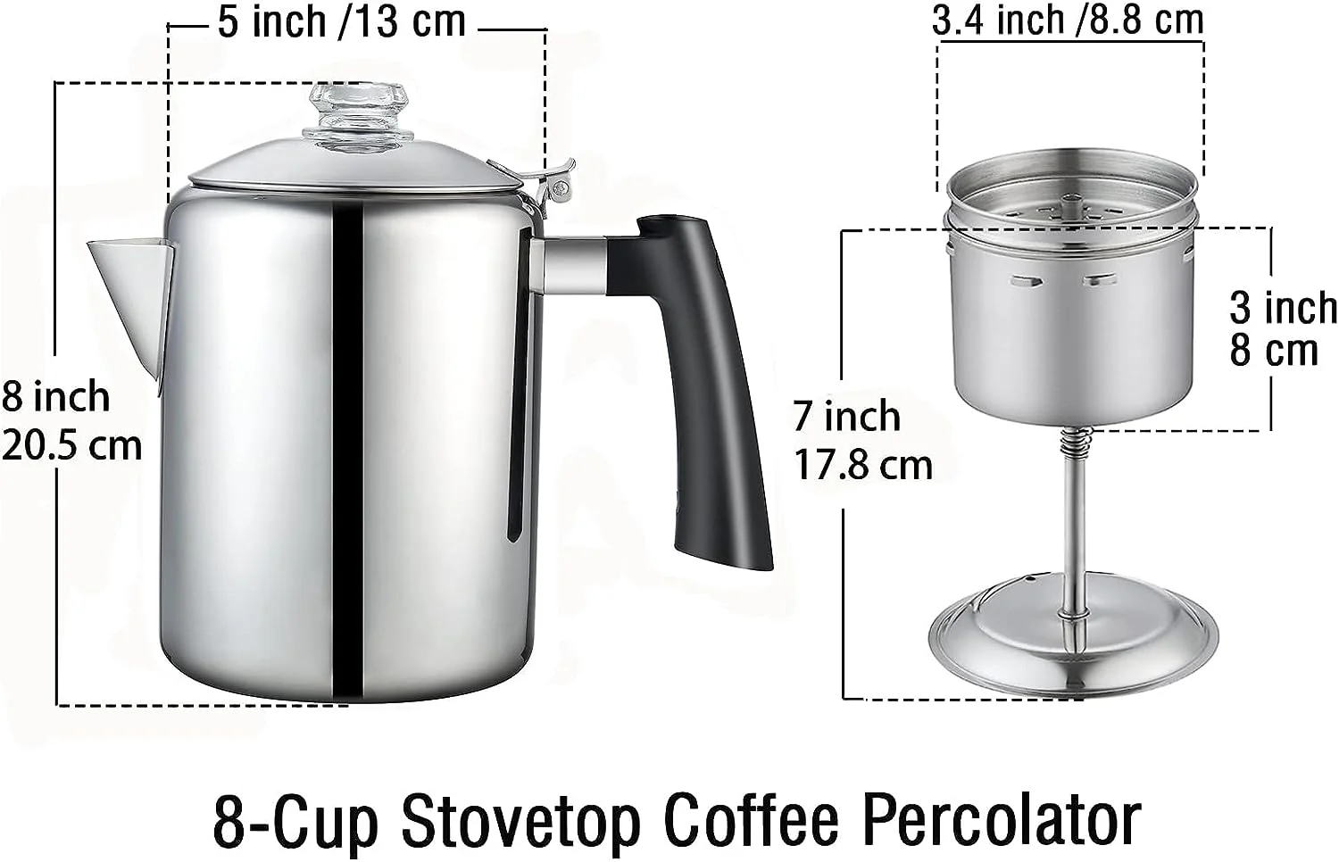 8-Cup Stainless Steel Stovetop Coffee Percolator Pot Kettle, Tea - Mirror Polished, Non-Reactive, 8 Cup Capacity - Drip-Free Spout - Induction Compatible