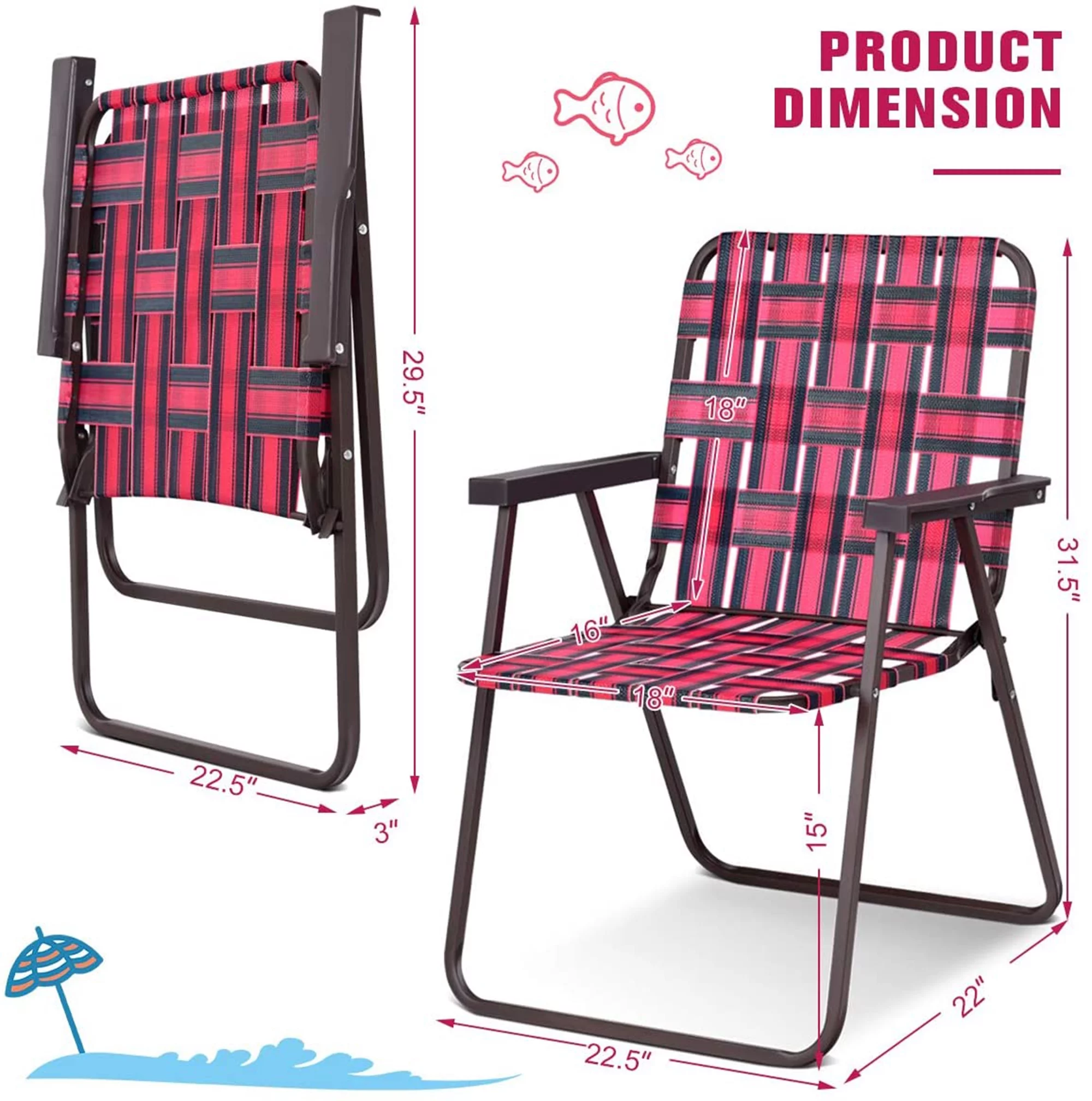 Gymax Set of 6 Patio Folding Web Chair Set Portable Beach Camping Chair Red