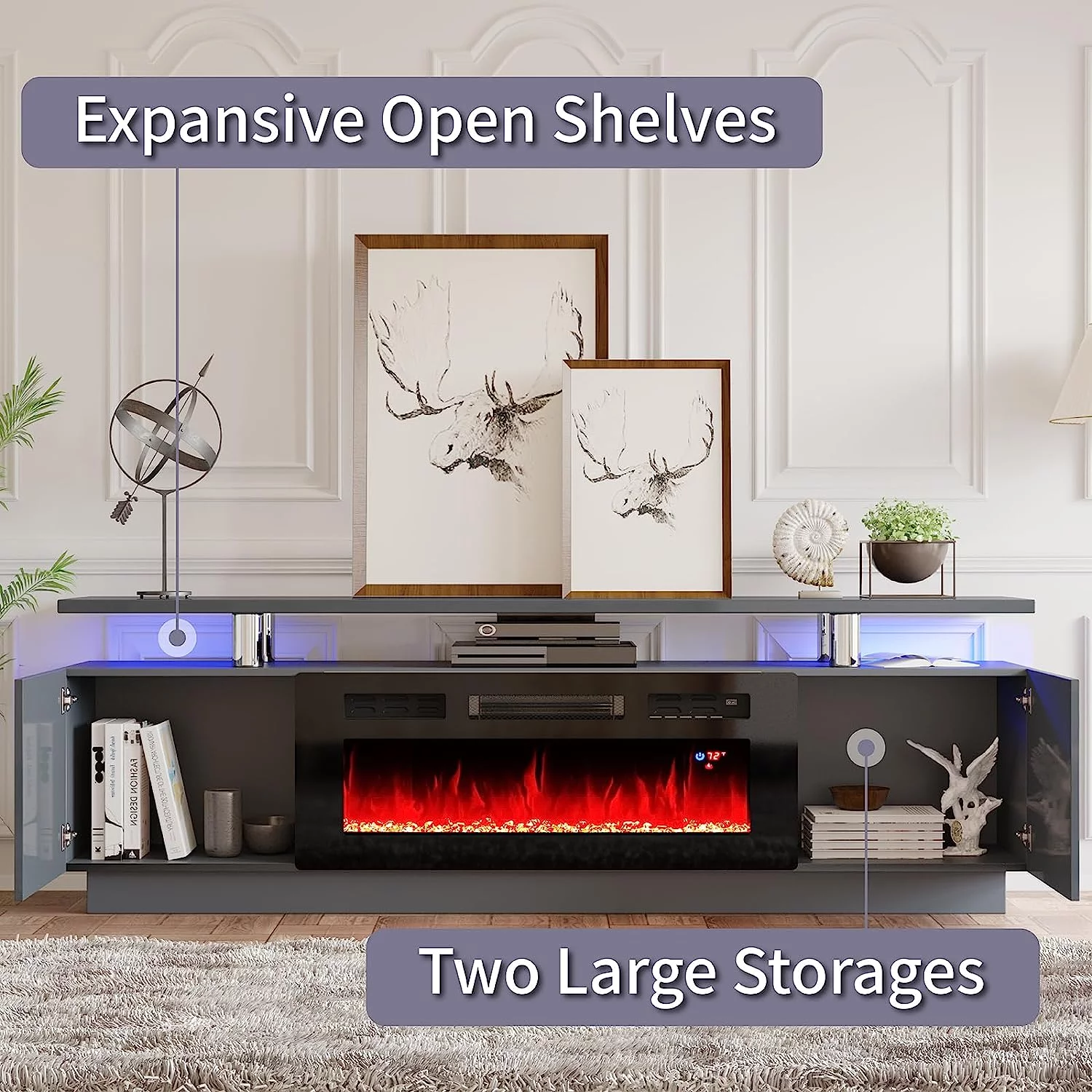 AMERLIFE Fireplace TV Stand with 36' Fireplace, Modern High Gloss Entertainment Center LED Lights for 80 Inch TV, Cement Grey