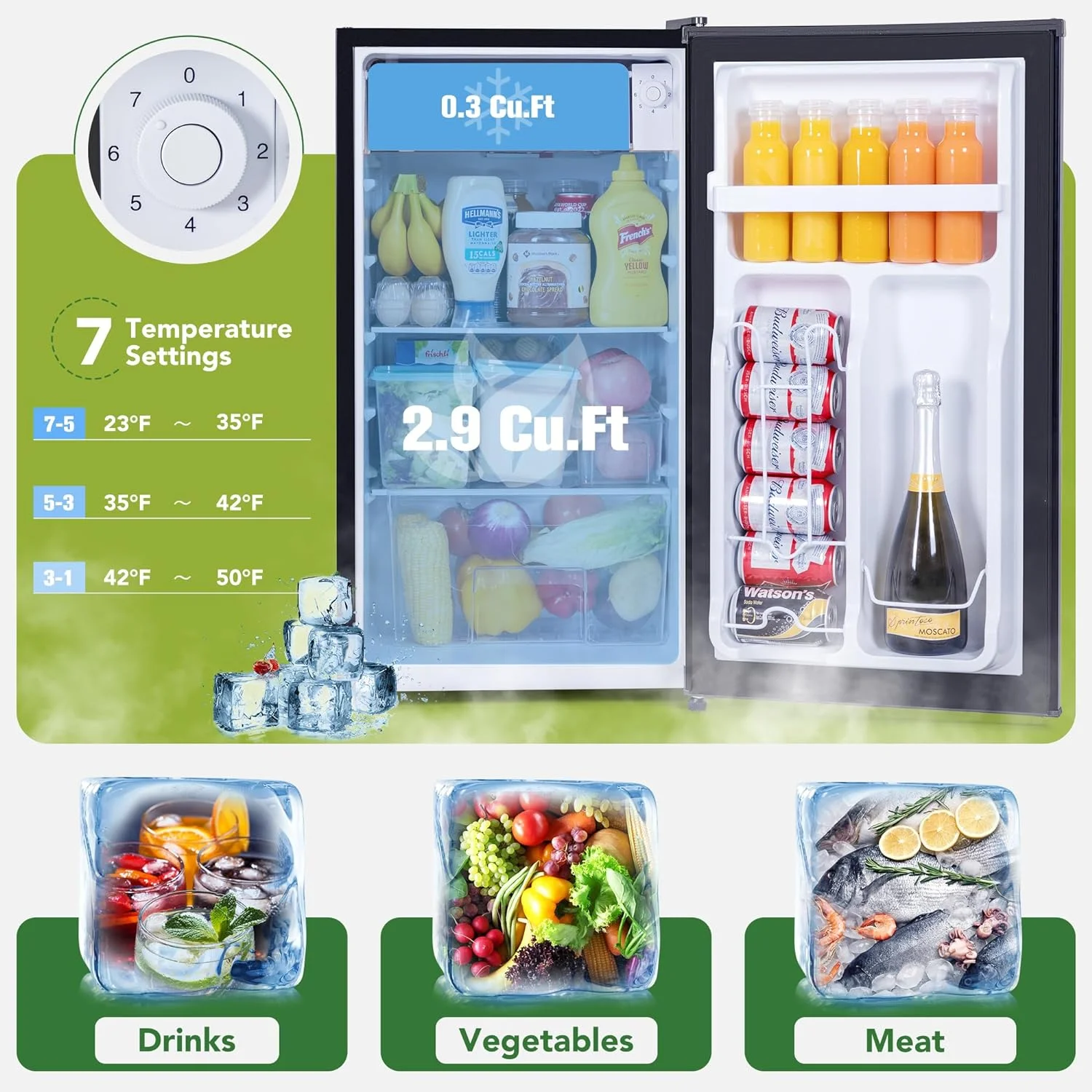 3.2 Cu.Ft Mini Fridge with Freezer, Mini Fridge for Bedroom Office, Small Refrigerator Fridge with Reversible Door, Low Noise, Energy Saving, Black