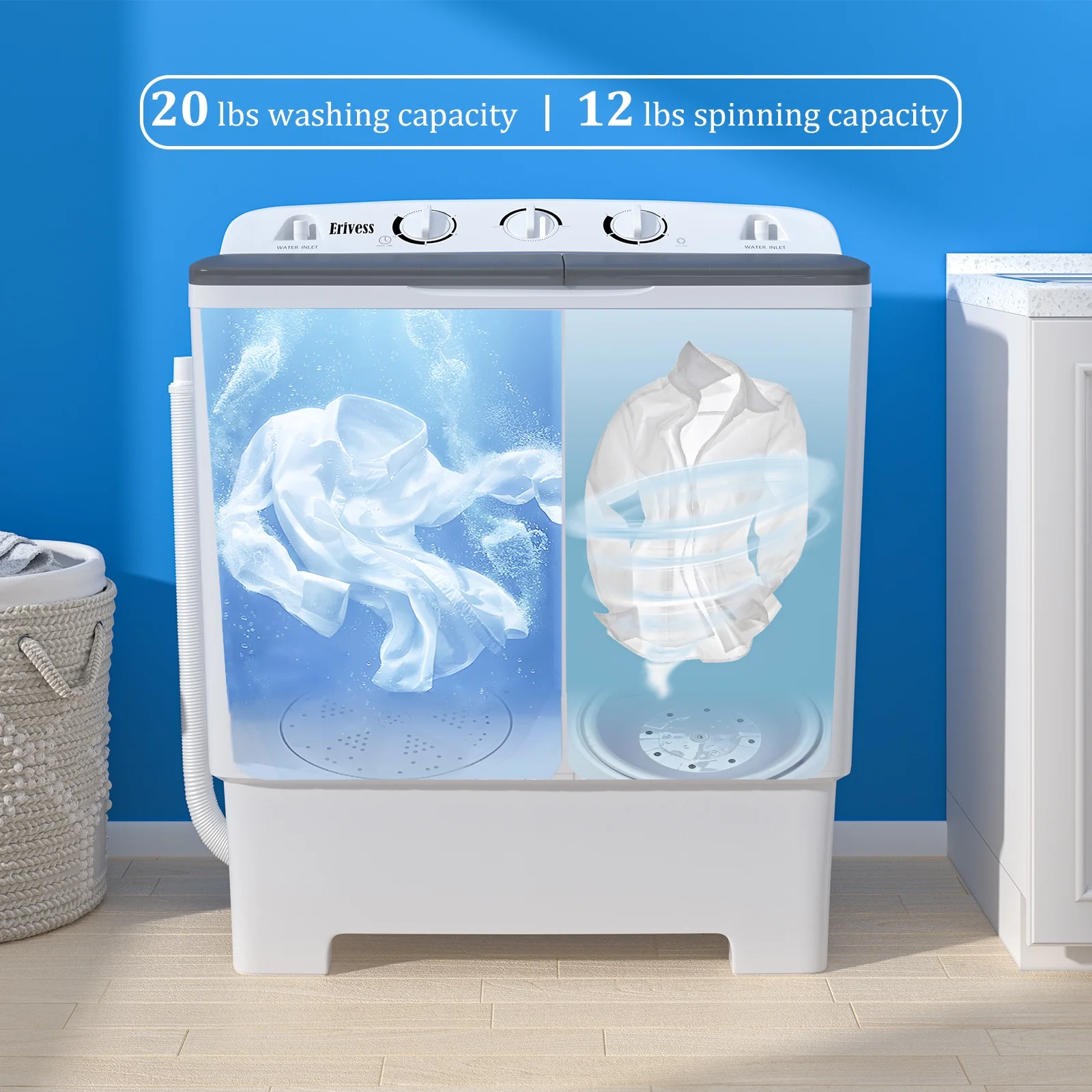 Erivess Portable Twin Tub Washing Machine, Buy 1(washer) Get 1(Dry Rack) Free! 20lbs Washer Mini Compact Laundry Machine and 12lbs Drain Pump, Semi-automatic Washer Combo for Dorms, Apartments