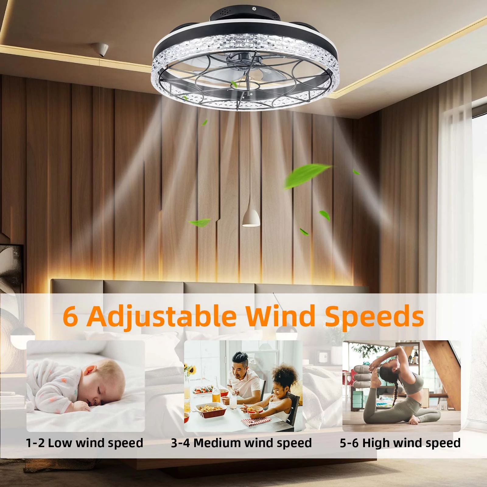 Ceiling Fans with Lights and Remote,Modern Flush Mount Ceiling Fans,Enclosed Low Profile Fan Light,2 LED Light 3 Colors 6 Speed & Timing Smart Ceiling Fan for Kitchen Bedroom Living Room
