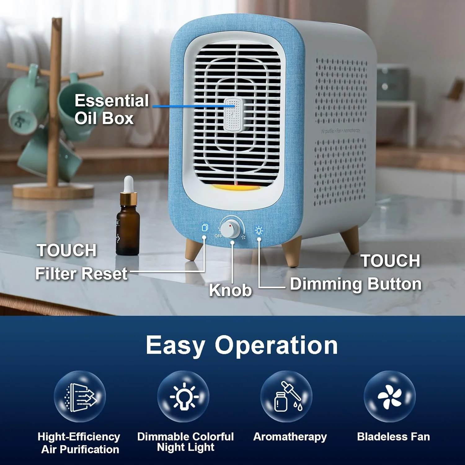 Jafanda Air Purifier Fan JF180 HEPA Air Cleaner with Aromatherapy 780 Sq.ft Coverage Blue