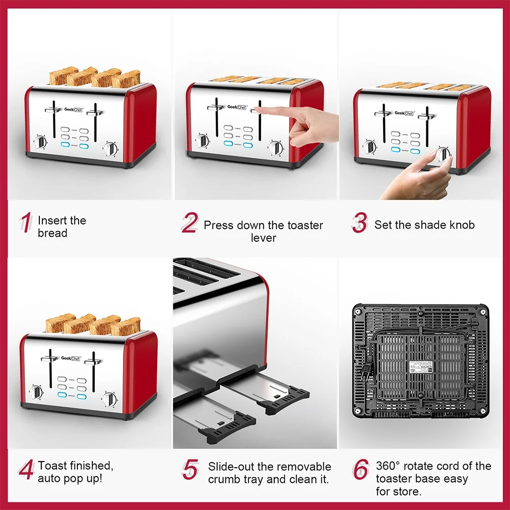 ES Toaster 4 slices geek chef stainless steel extra-wide slot toaster dual control panel