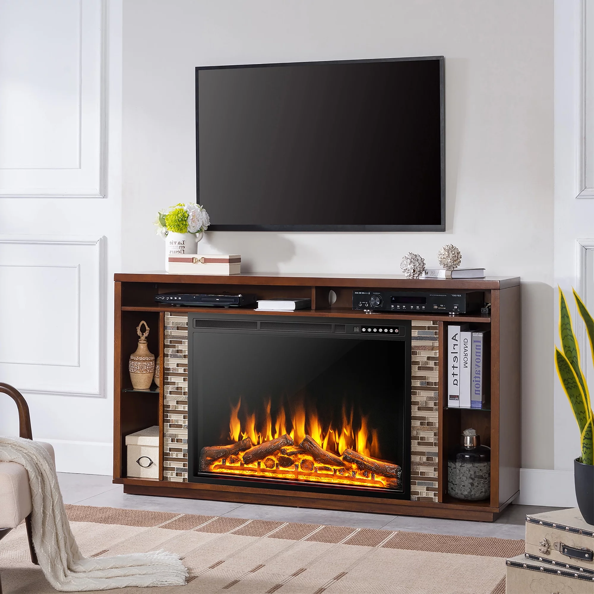 Costway 34''Electric Fireplace Insert Heater Log Flame Effect w/ Remote Control 1500W