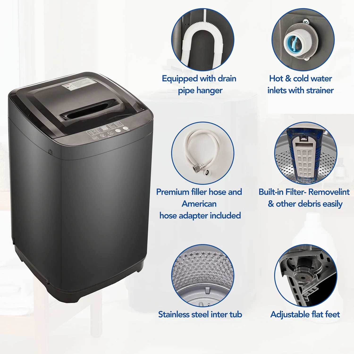 Kadyn Portable Home Automatic Washer, Washing Machine for Apartments, 8 Water Levels/10 Programs, Antique Grey White
