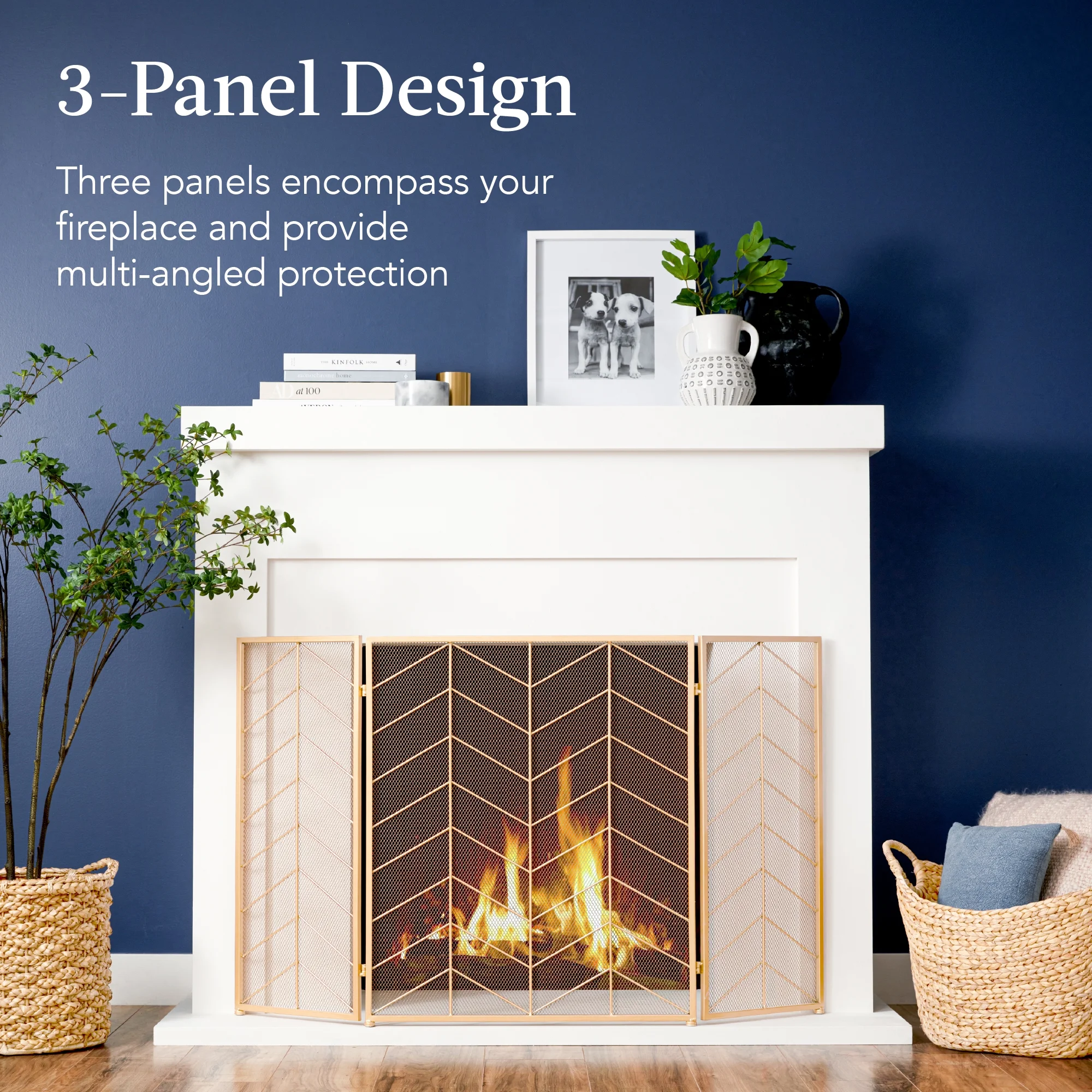Best Choice Products 52x31in 3-Panel Iron Chevron Fireplace Screen, Spark Guard w/ Handles - Gold
