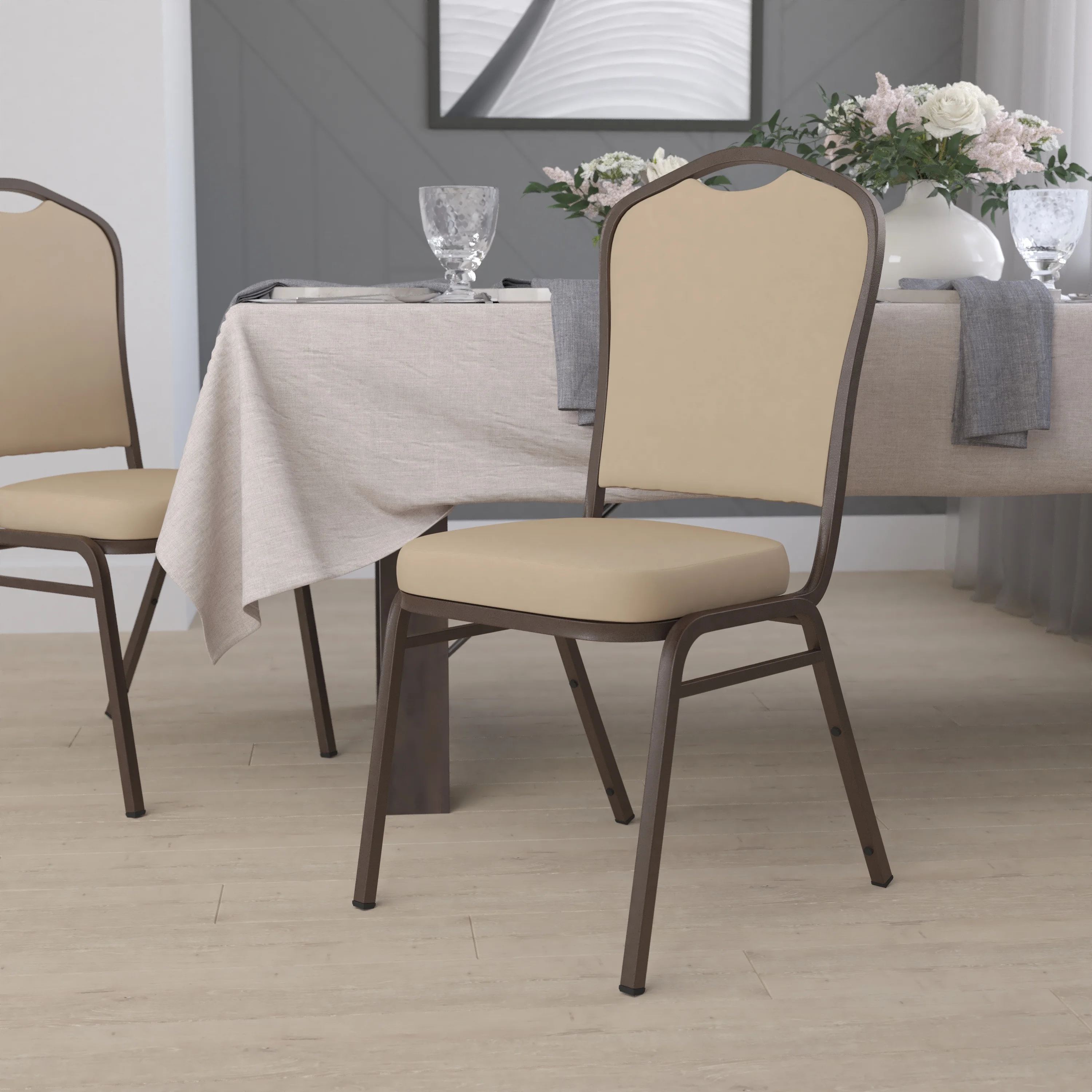 Flash Furniture HERCULES Series Crown Back Stacking Banquet Chair in Tan Vinyl - Copper Vein Frame