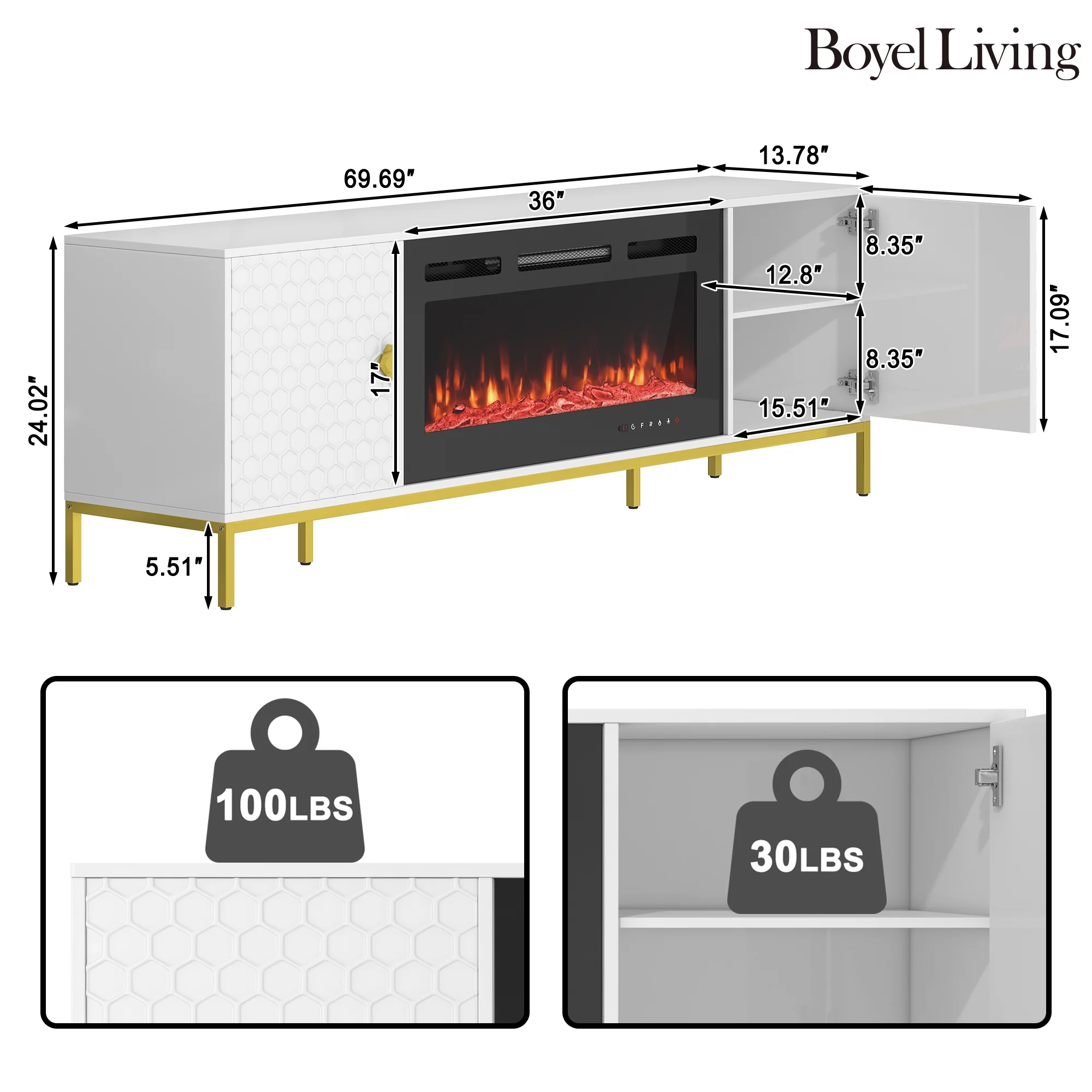 Boyel Living Fireplace TV Stand for TVs up to 80