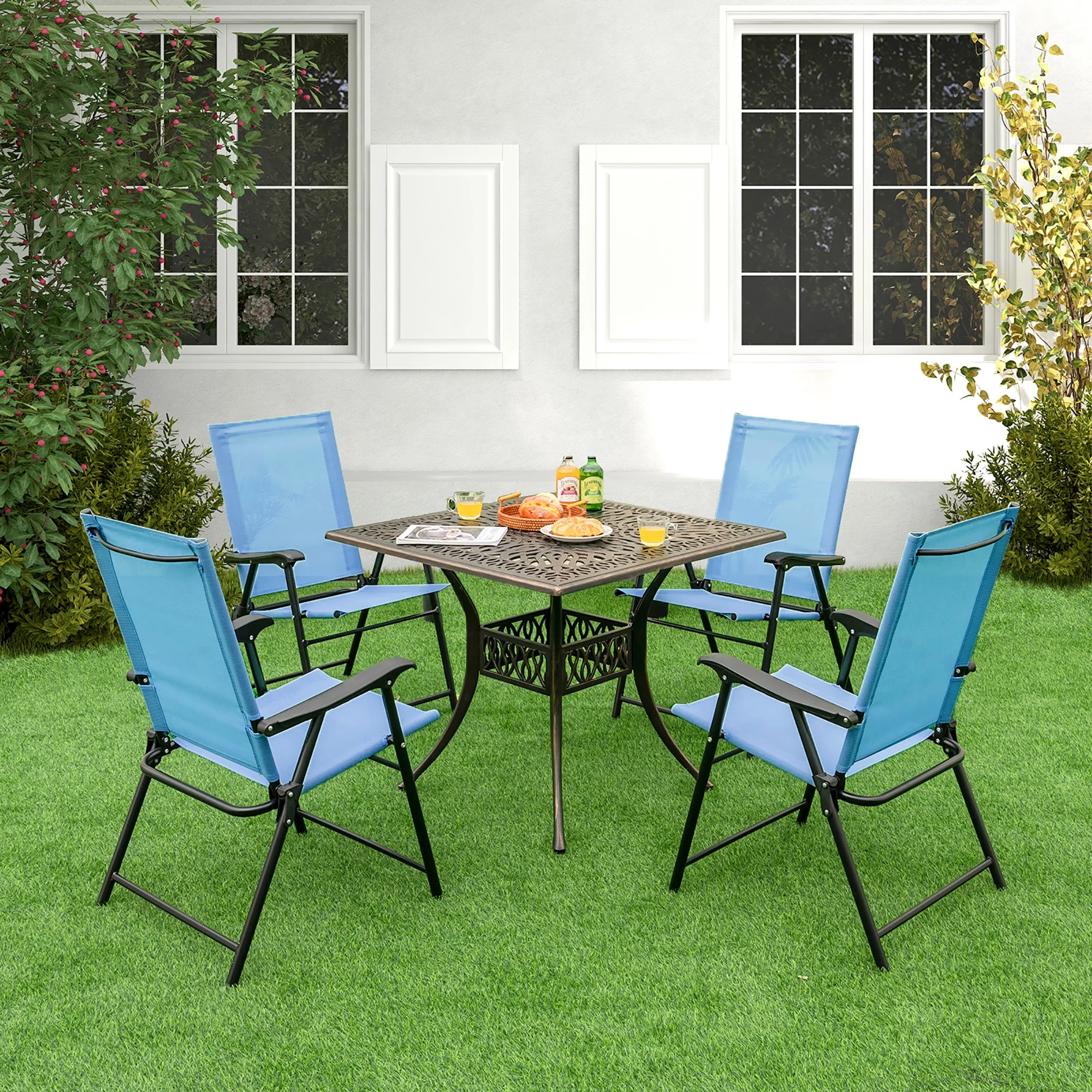 Costway 4pcs Patio Portable Armrests Chair Folding Sling Back Chair Blue