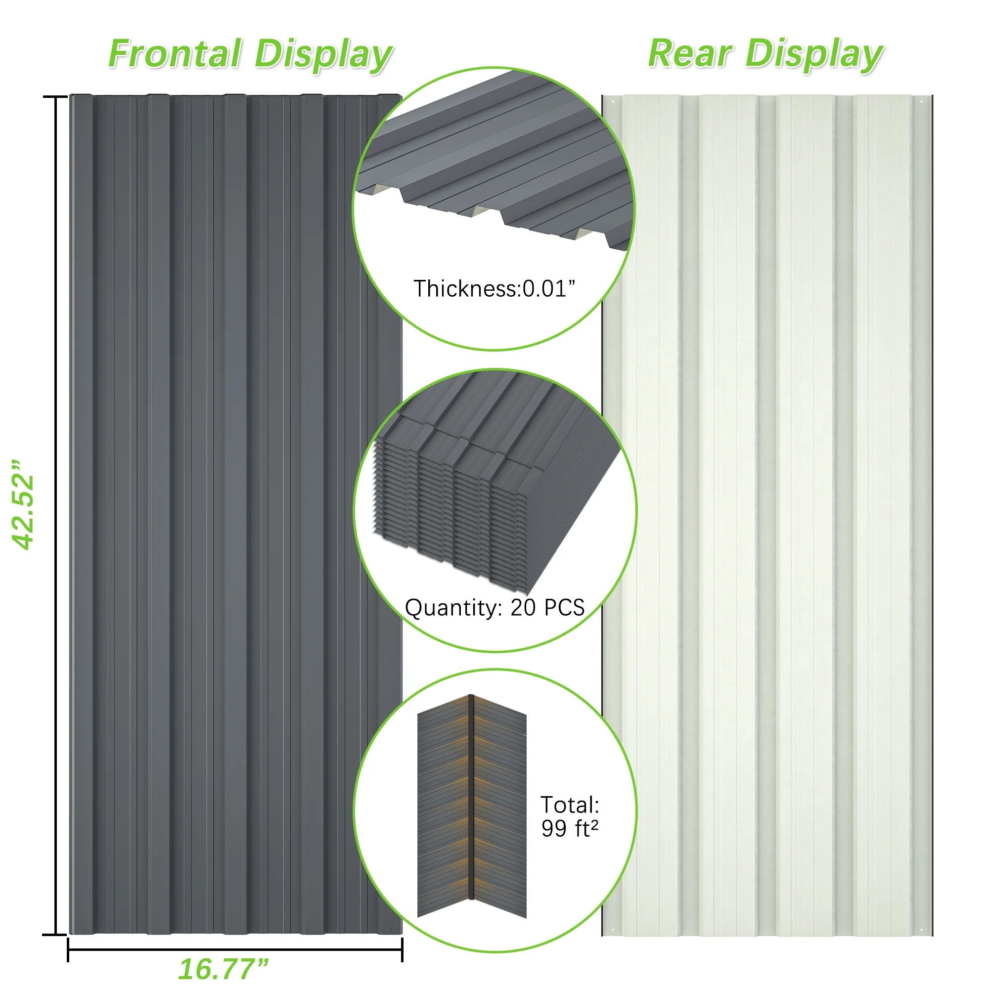 20 Pcs Galvanized Metal Roof Panels Hardware Roofing Sheets, Gray