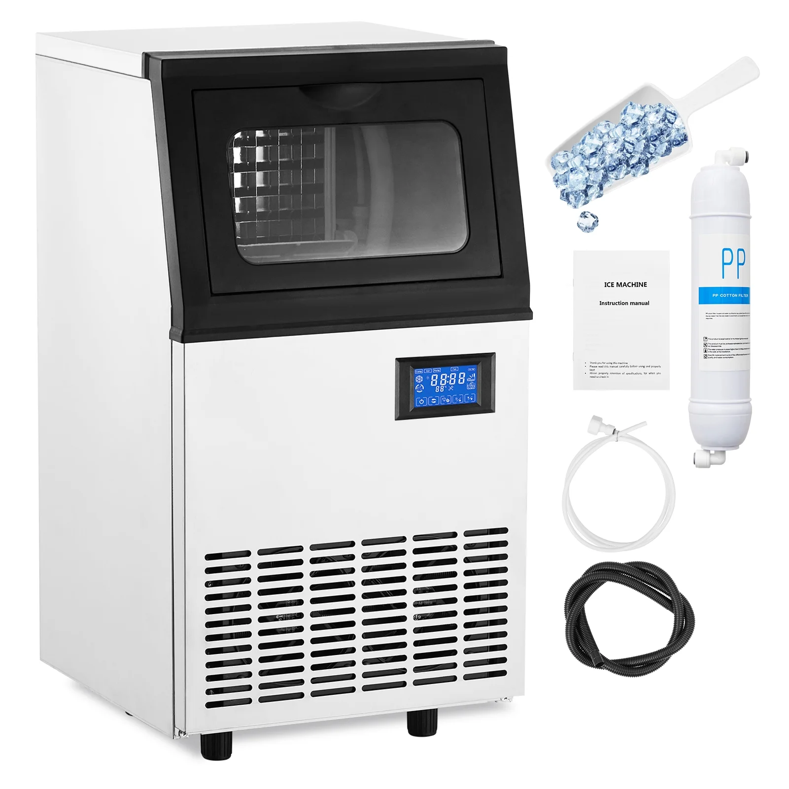 Commercial Ice Maker Machine,Bin Stainless Steel Automatic Operation Commercial Ice Machine for Home Bar, Include Water Filter, Scoop, Connection Hose