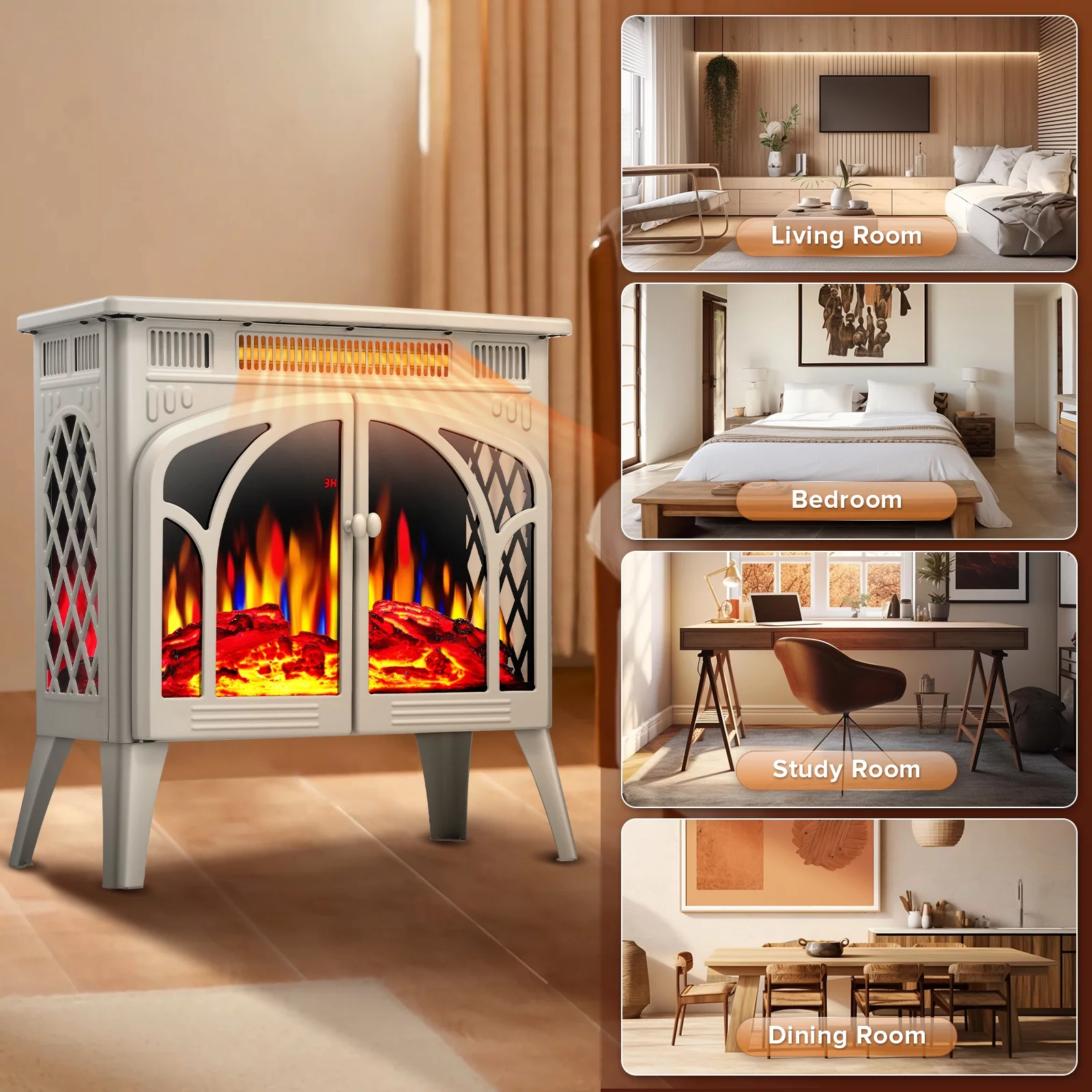 Auseo Electric Fireplace Heater 25'' with 3D Realistic Flame Effect, Freestanding Fireplace with Remote Control, Timer, Different Flame Color,2 Heating Modes 500W/1500W, Beige
