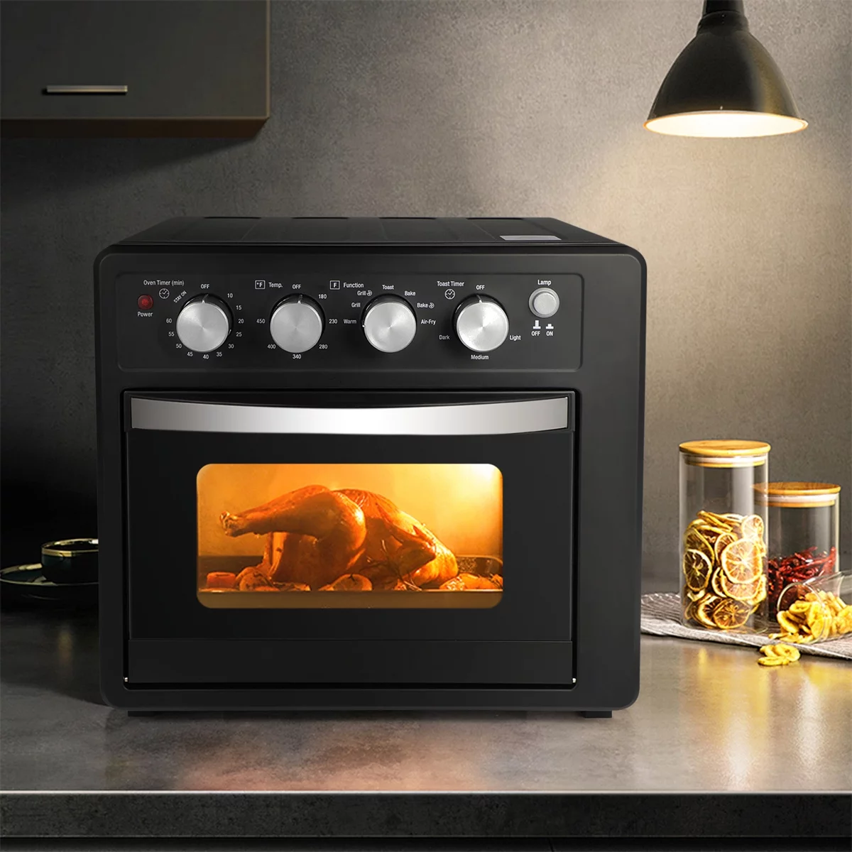 Air Fryer Oven, Toaster Oven Air Fryer Combo with Glass Viewing Window & Oil-proofing Interior, 25L Family Size Air Fryer Oven with Defrost, Dehydrate & Heat Preservation, 6 Accessories, Matte Black