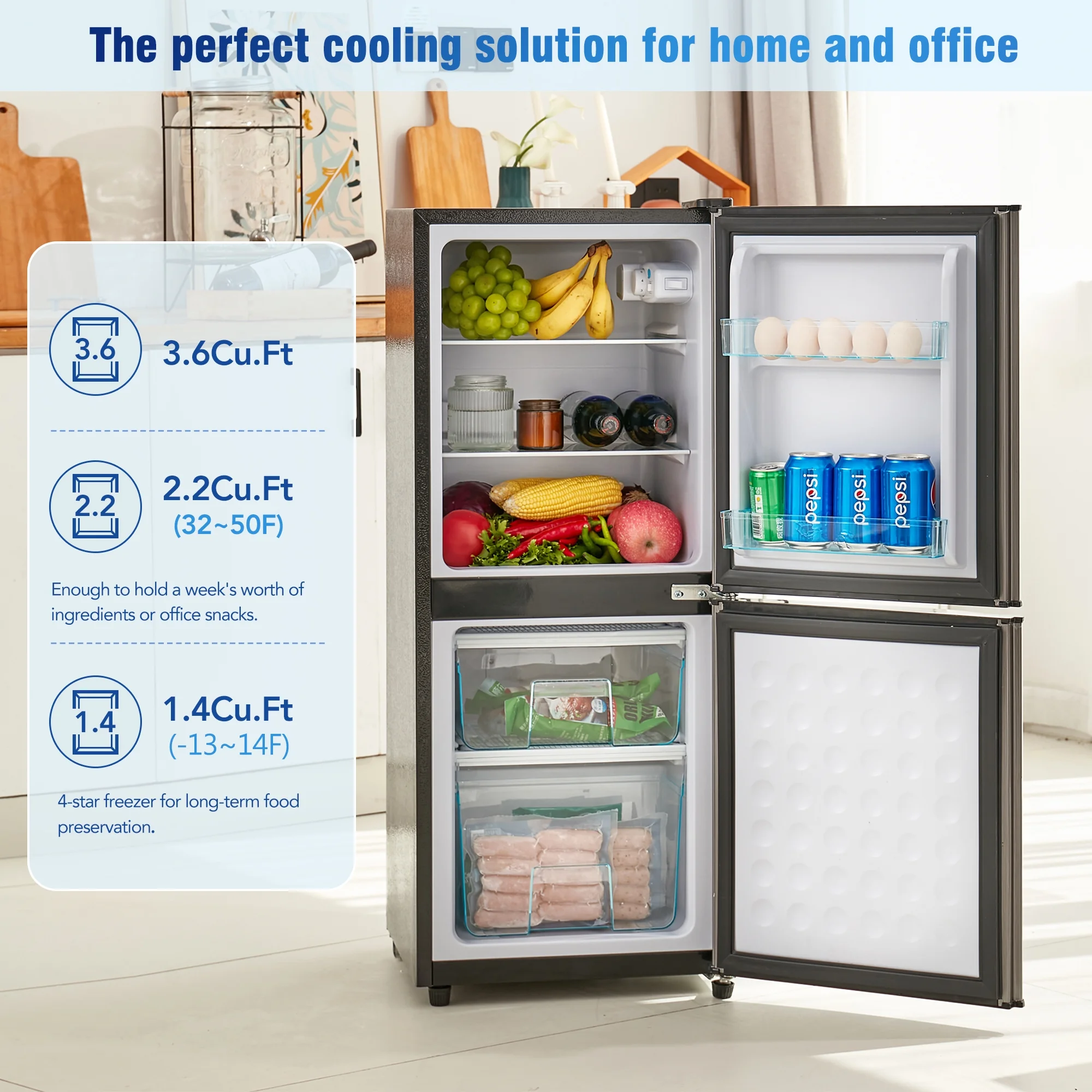 Churanty Small Refrigerator 3.6 Cu ft Two Door Mini Compact Refrigerator with Freezer,Brushed Gray Silver