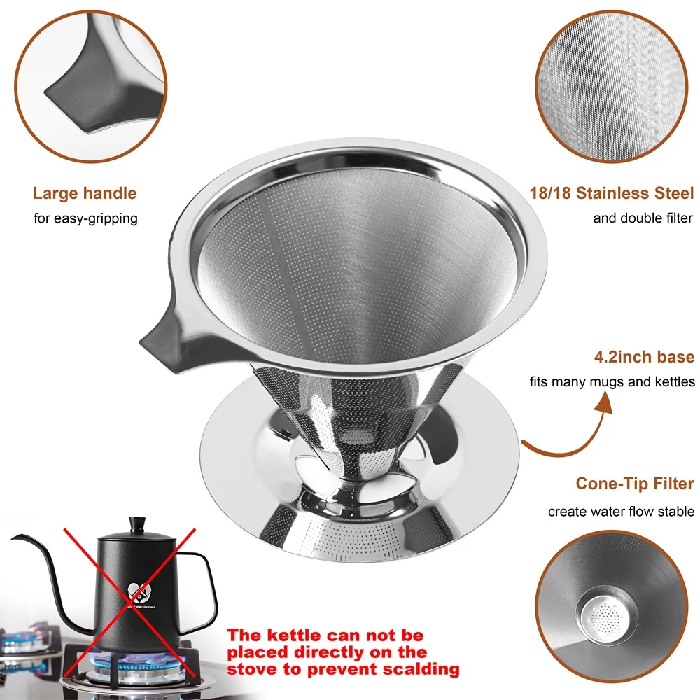 CozyNest Home Essentials- Stainless Steel Pour Over Coffee Maker 4pcs Gift Set Includes Pour over Kettle, 2 insulated Cups, and Reusable Stainless Steel Mesh Coffee Dripper