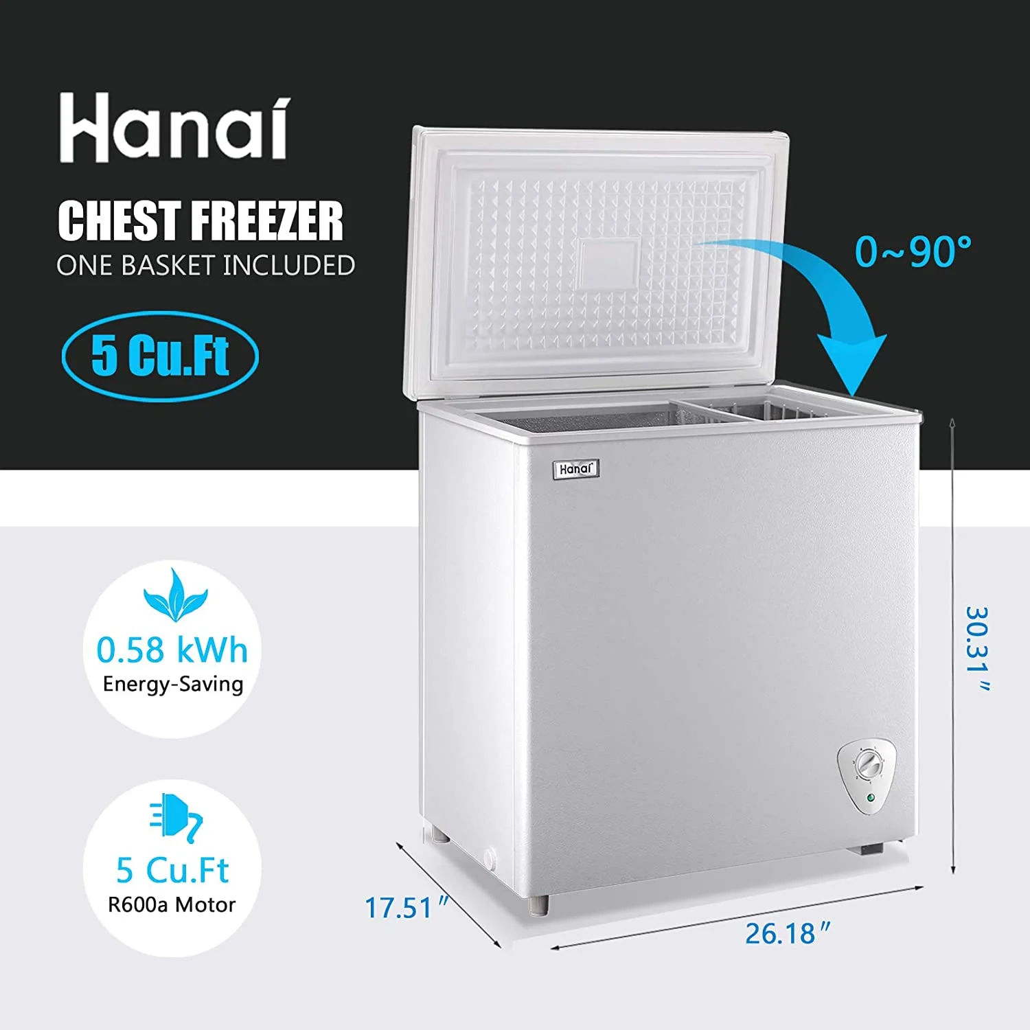 Chest Freezer 5.0 cu.ft Compact Freezer Free-Standing WANAI Top Door Freezer Adjustable 7 Thermostat and Removable Basket, White