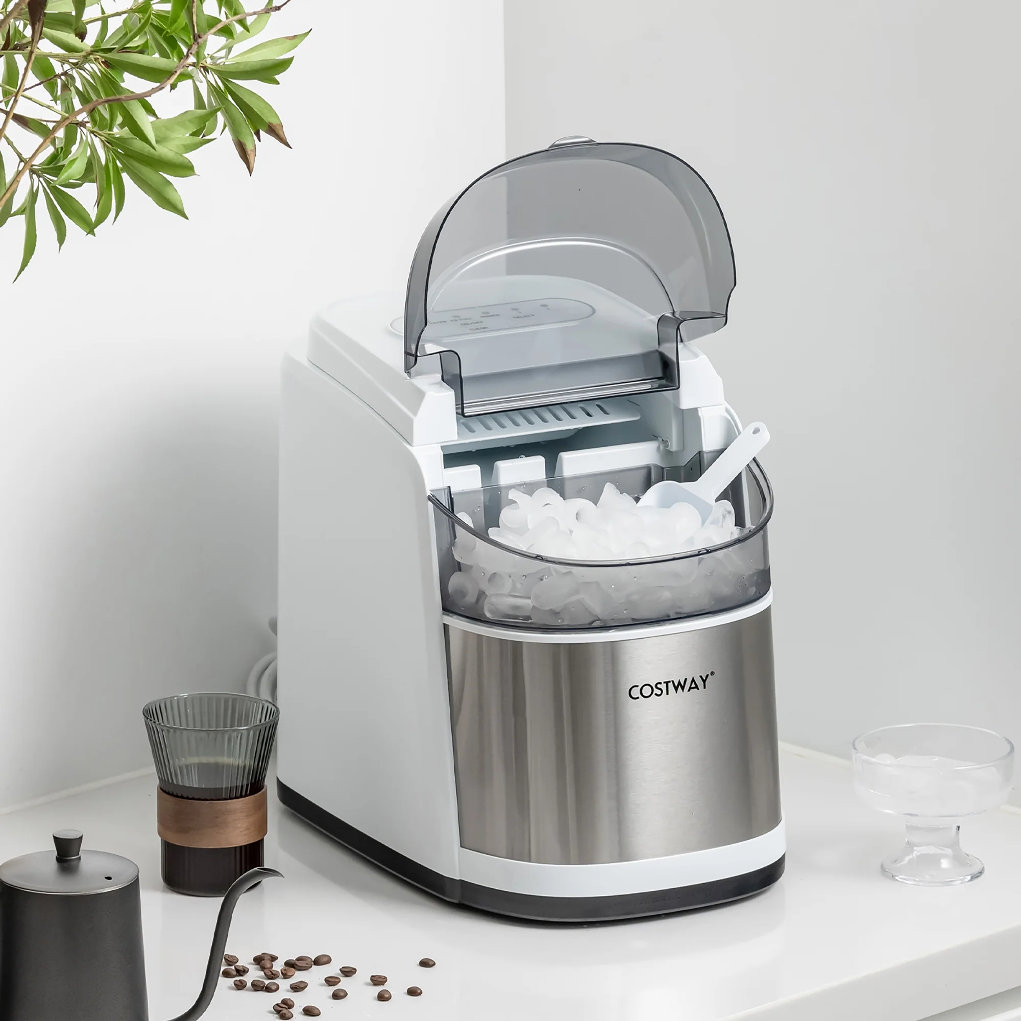 Costway Countertop Ice Maker 26.5lbs/Day Self-Cleaning Machine w/ Flip lid White