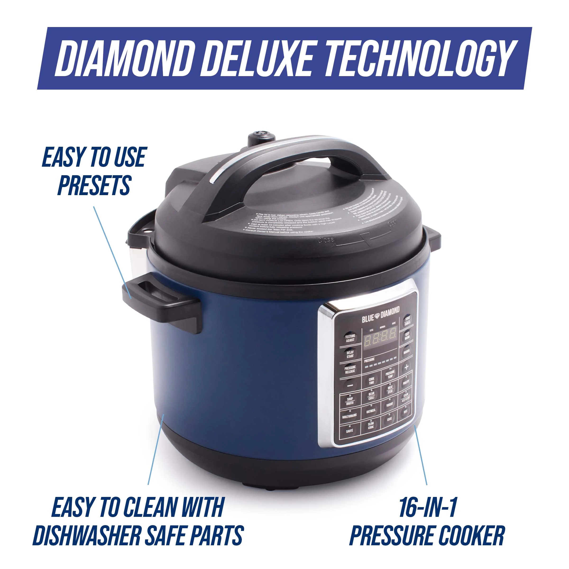 Blue Diamond Weekday Wonder 16-in-1 Diamond-Infused Nonstick 6 Quart Pressure Cooker, Slow Cooker, and More