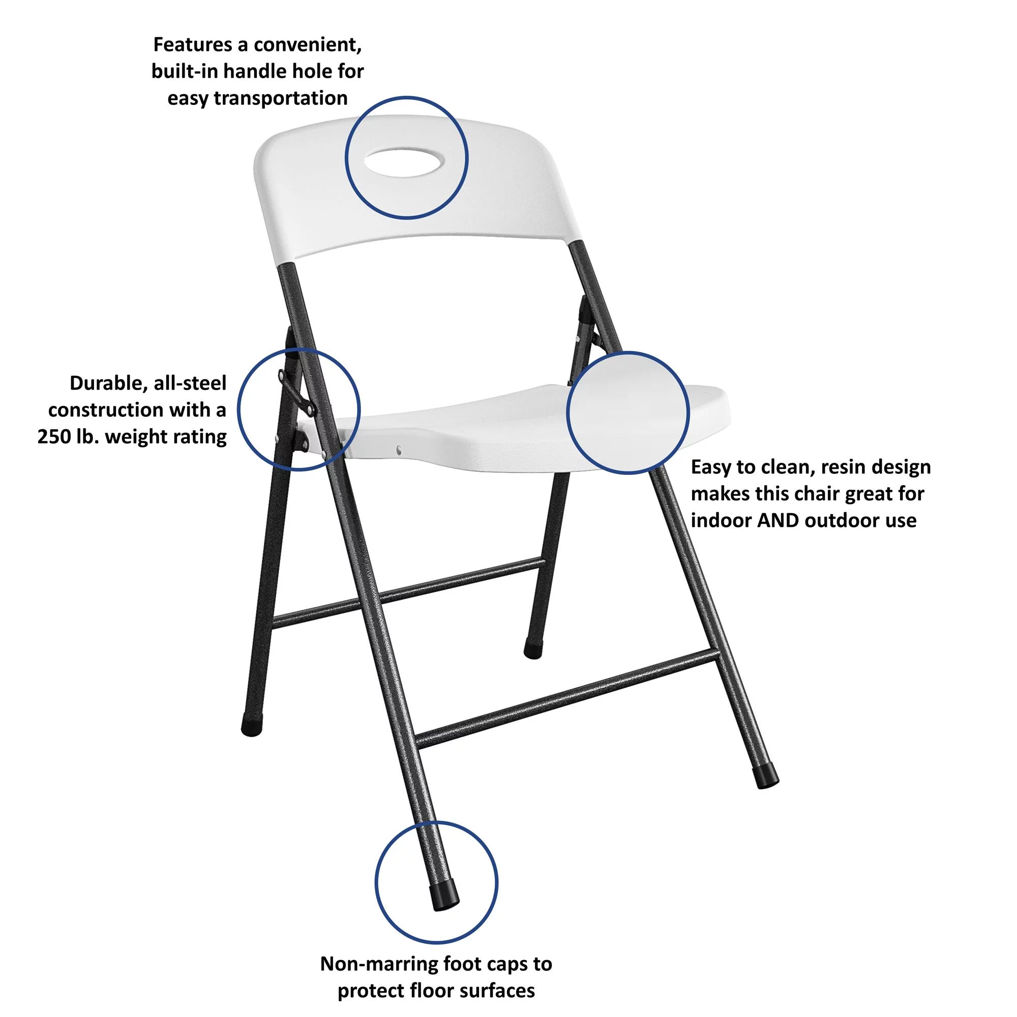 COSCO Solid Resin Plastic Folding Chair, Indoor/Outdoor, Double Braced, White, 4-Pack