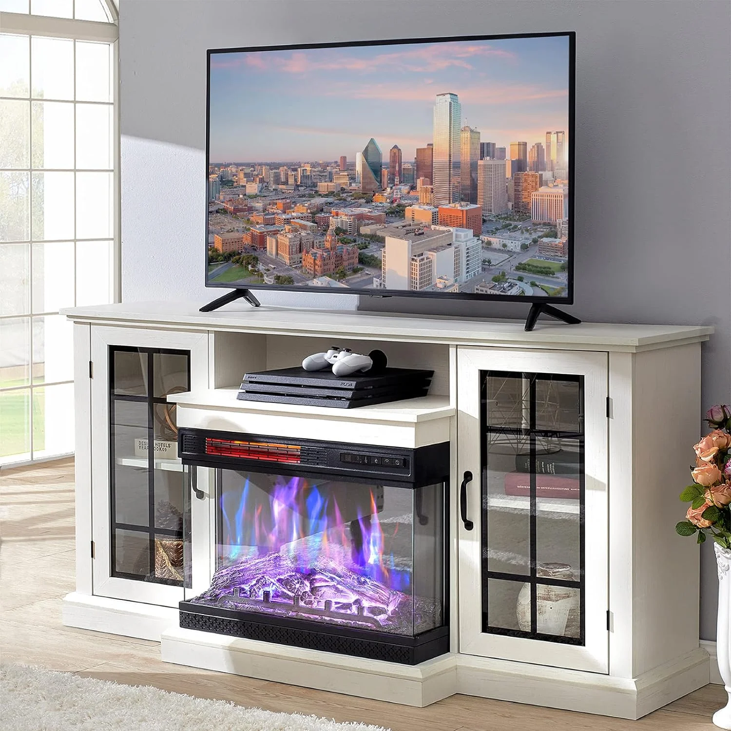 Amerlife 59in 3-Sided Glass Fireplace TV Stand for TVs up to 65