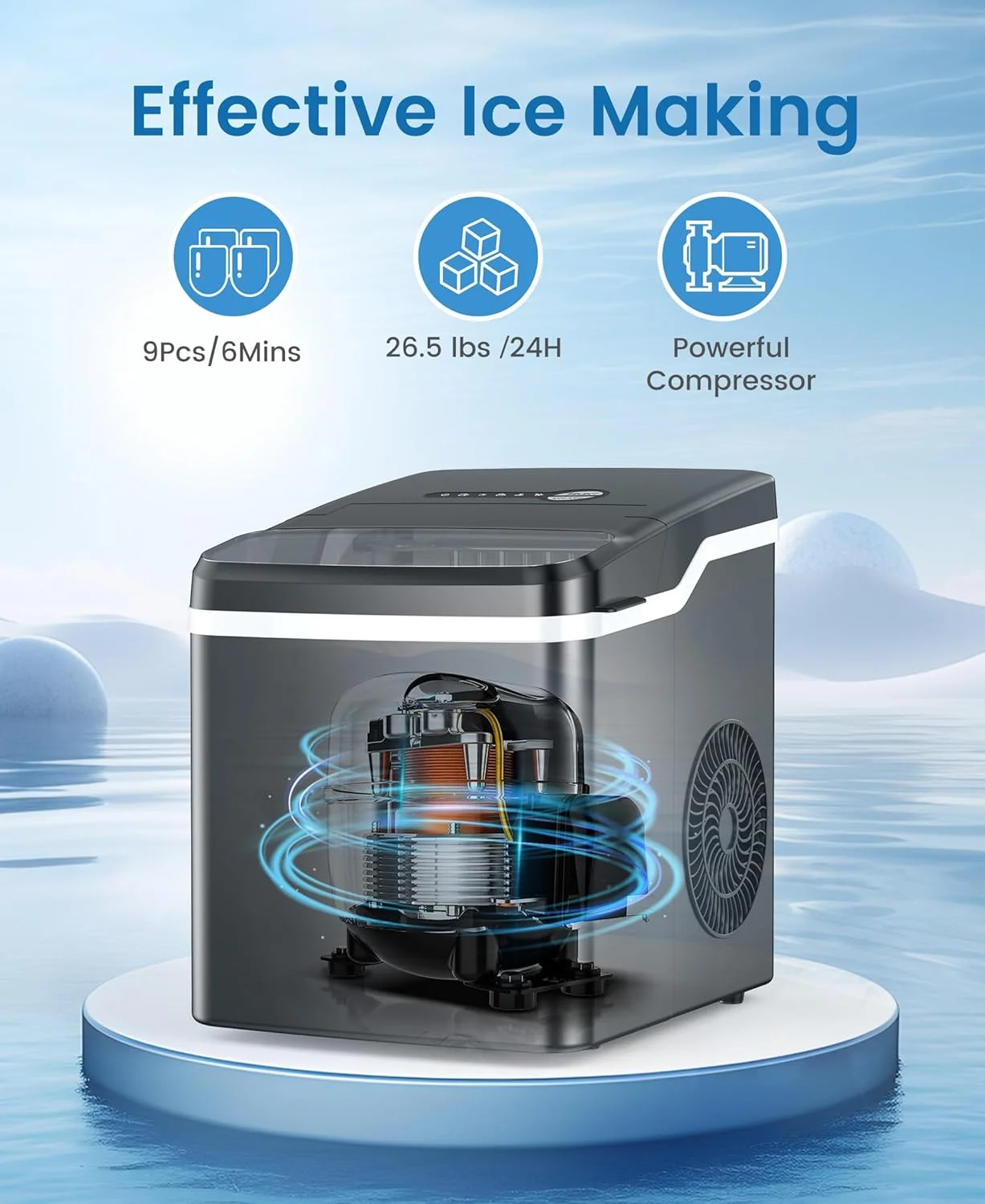 Ice Makers Countertop, 26.5lbs/24H, 9 Bullet Ice Cubes in 6 Mins, Self-Cleaning Ice Makers with Basket and Scoop, 2 Sizes of Bullet Ice, Ideal for Home/Kitchen/Party/Camping, Black