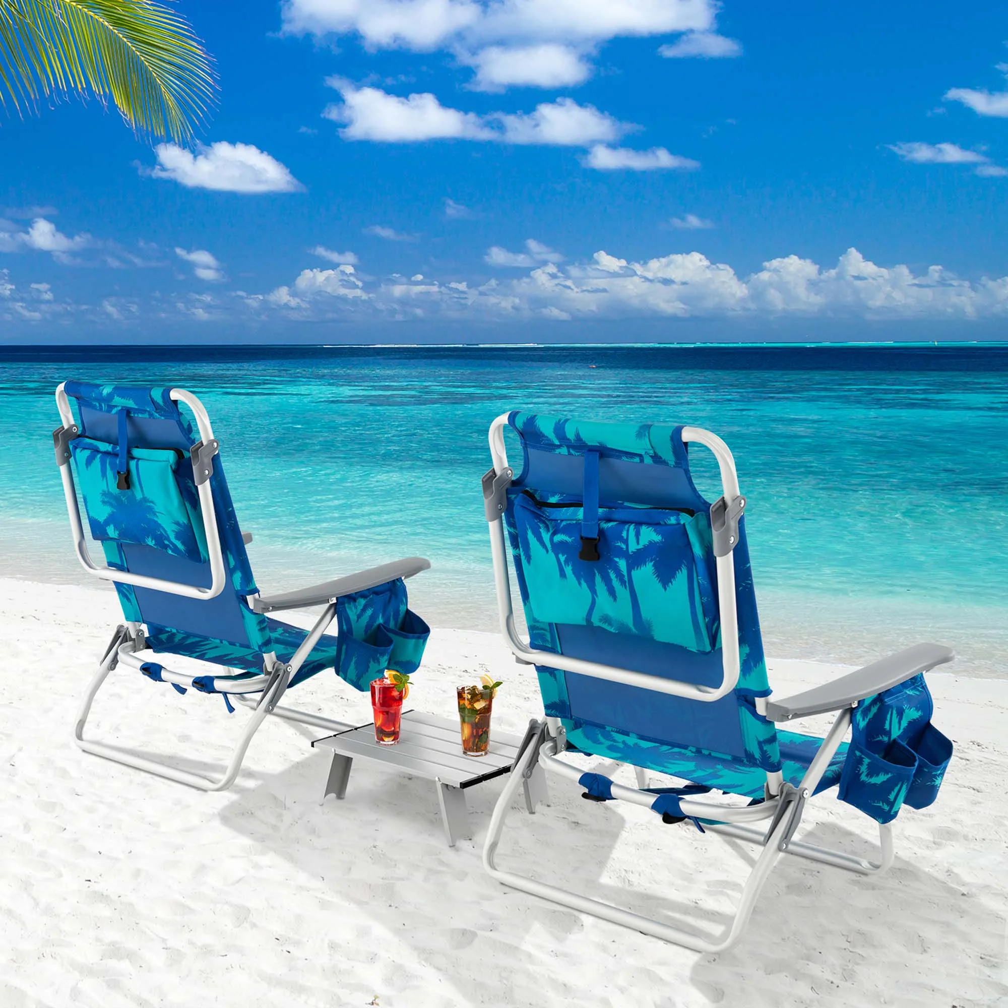 Costway 2-Pack Folding Backpack Beach Chair Table Set 5-Position Outdoor Reclining Chair Navy