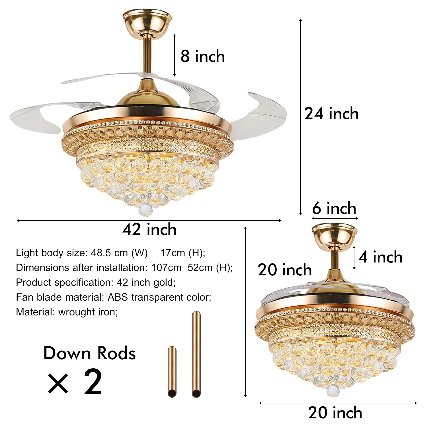 FINE MAKER 42' Crystal Ceiling Fan with Light Remote Control Retractable 4 Blades Fandelier 3 Light Color LED Chandelier for Living Room Bedroom Gold Metal Finish 110V