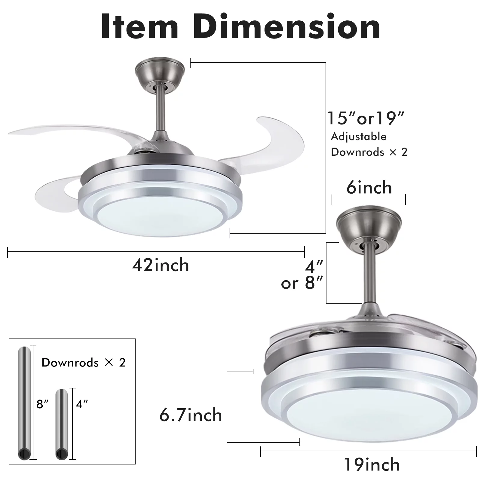 AFANQI 42 inch Ceiling Fan with Lights Silver Remote Control Fandelier Retractable Blades 3-Color LED 6-Speed Wind Chandelier Fan for Living Room Bedroom