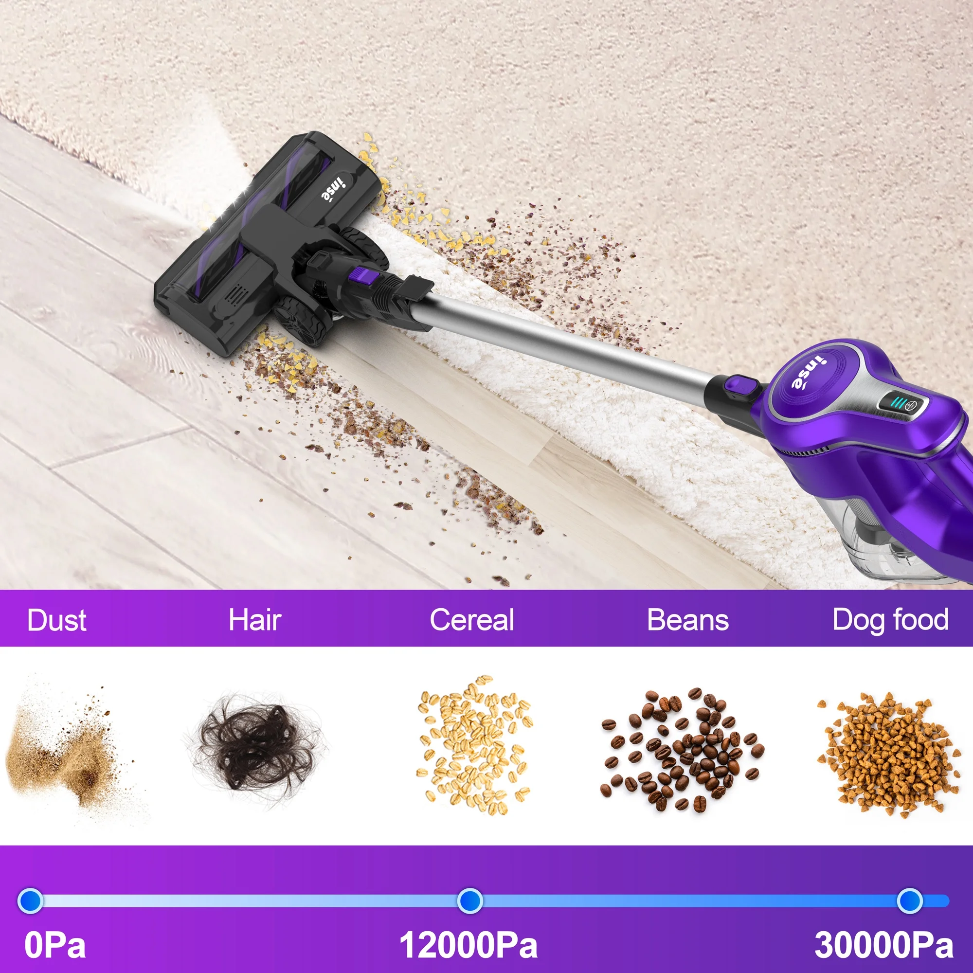 INSE Cordless Vacuum Cleaner, 30kPa 300W Powerful Suction Stick Vacuum Cleaner up to 45min Runtime, Rechargeable Battery Vacuum, 8-in-1 Lightweight Vacuum for Carpet Hard Floor Pet Hair