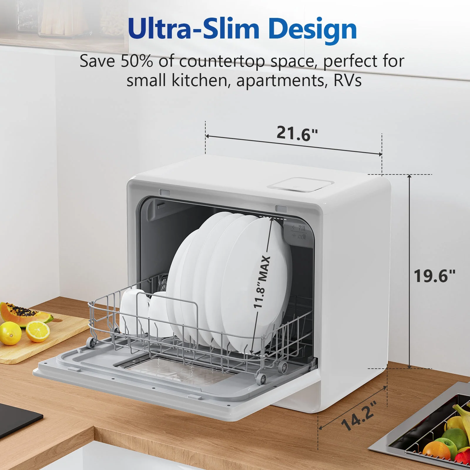 AIRMSEN Portable Countertop Dishwasher with 5L Built-in Water Tank, Mini Dishwasher with 5 Place Settings, 7 Programs, Upgrade 3 Sprays, Touch Control, White
