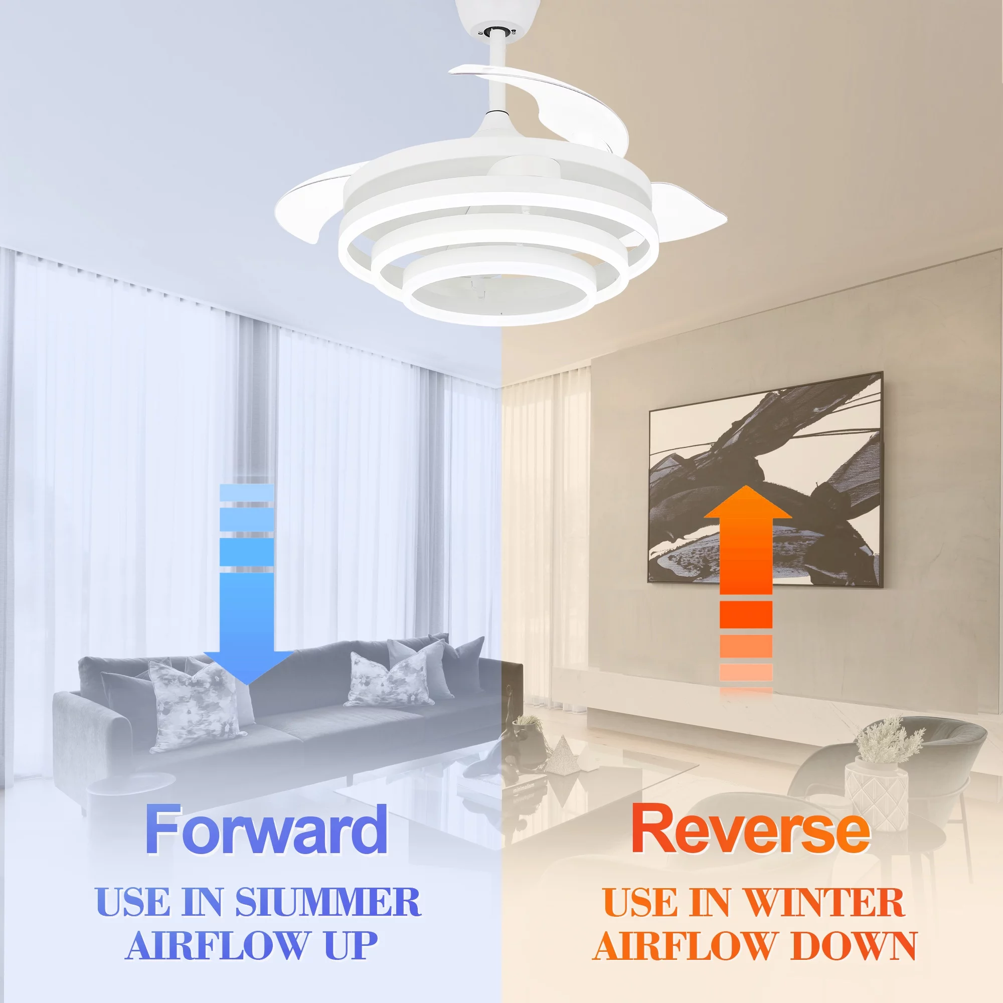 42' White Retractable Ceiling Fan with LED Light and Remote Control , DIY Shape Reversible Ceiling Fan with 6-Speeds