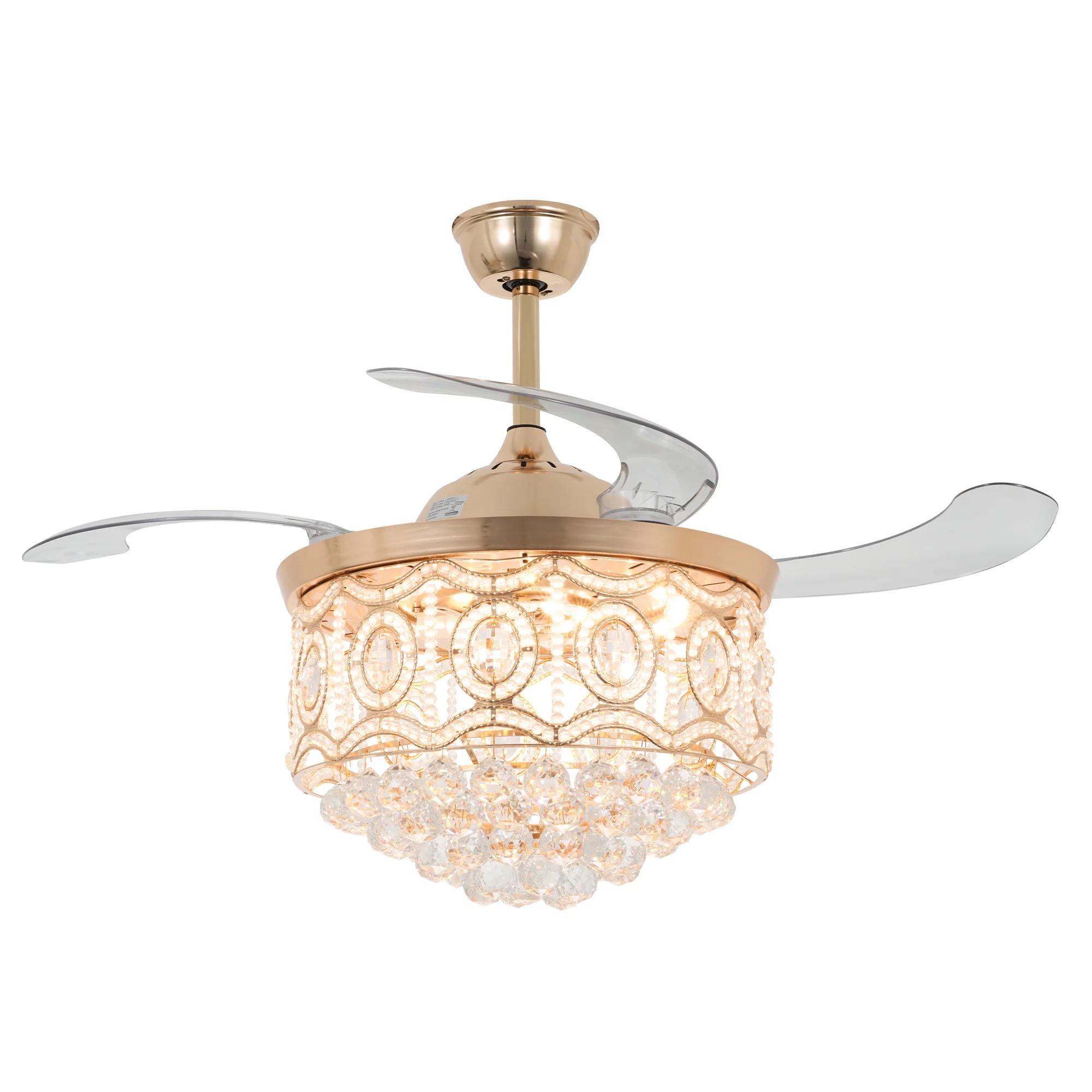 FINE MAKER Crystal Chandelier Retractable Ceiling Fan LED Light, 42' Gold Fandelier Ceiling Fan with Light and Remote 3 Speed Indoor for Bedroom Dining Room
