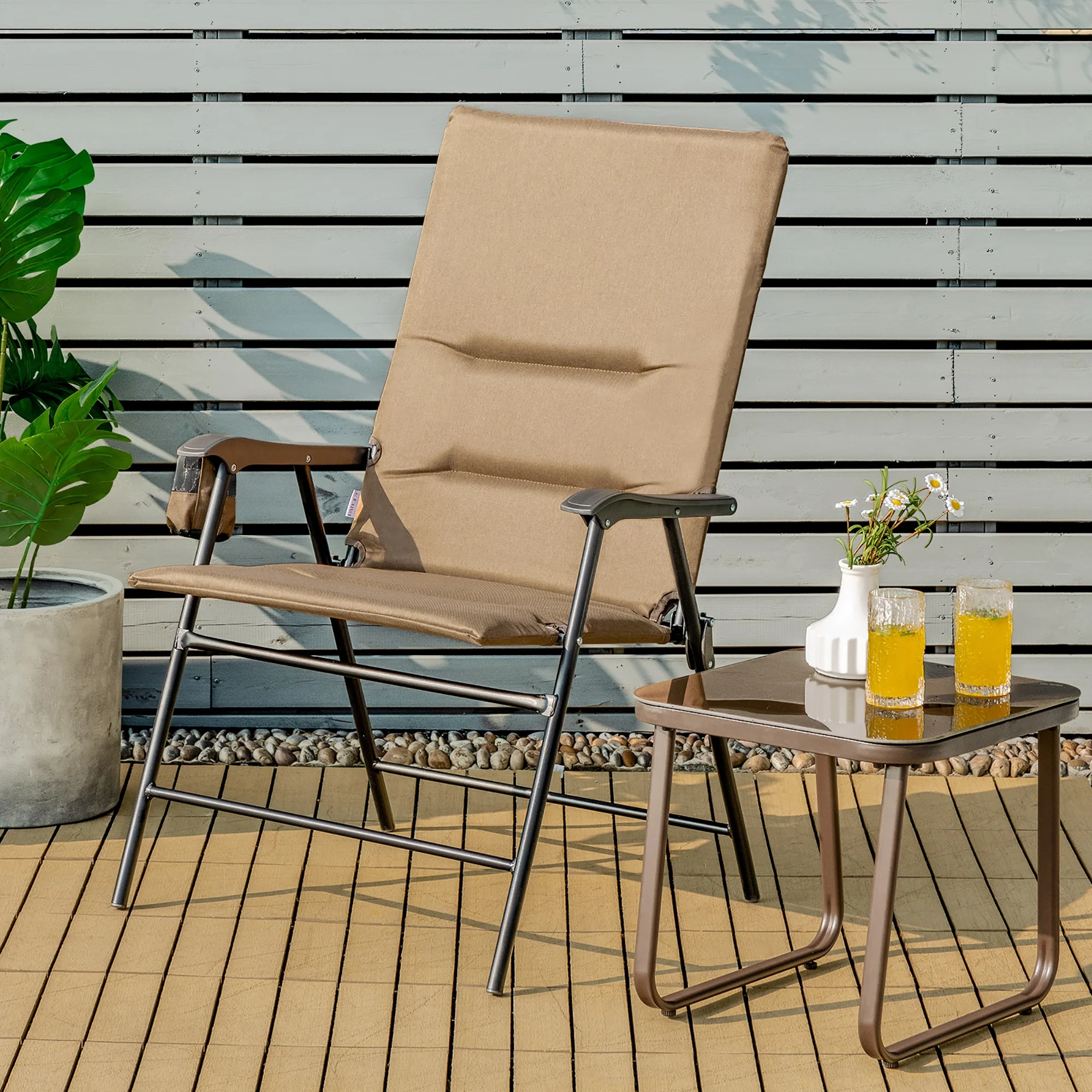 Costway Patio Padded Folding Portable Chair Camping Dining Outdoor Beach Chair Brown