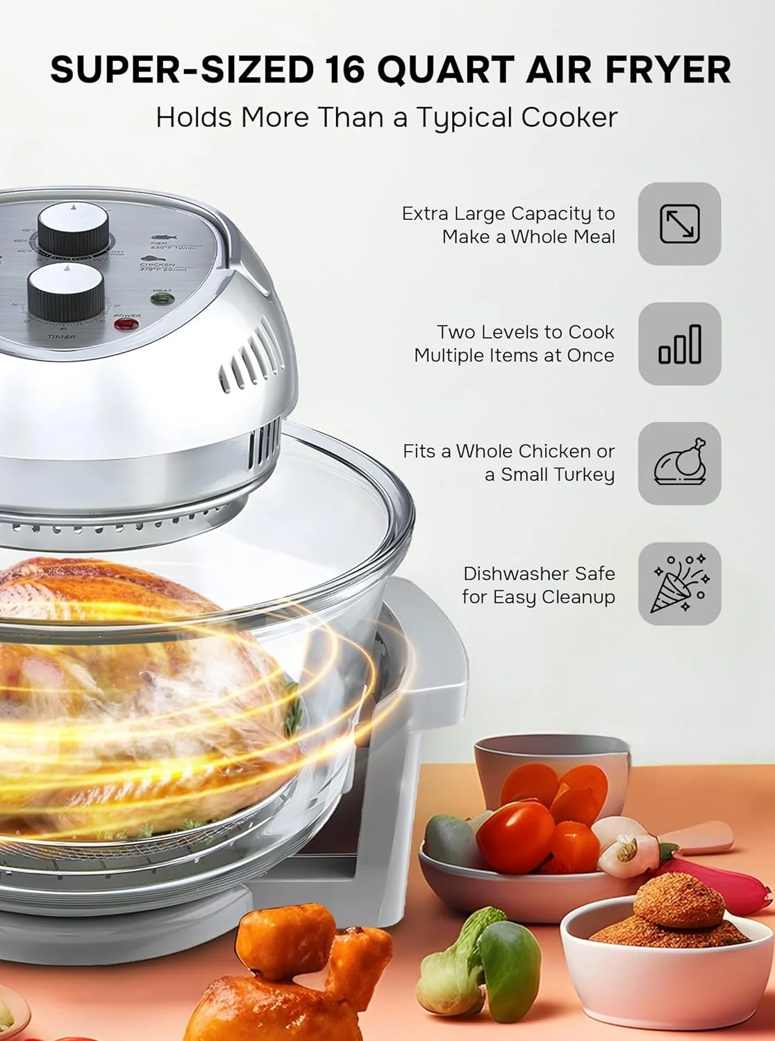 Big Boss 16Qt Large Air Fryer Oven with 50+ Recipe Book AirFryer Oven Makes Healthier Crispy Foods Silver