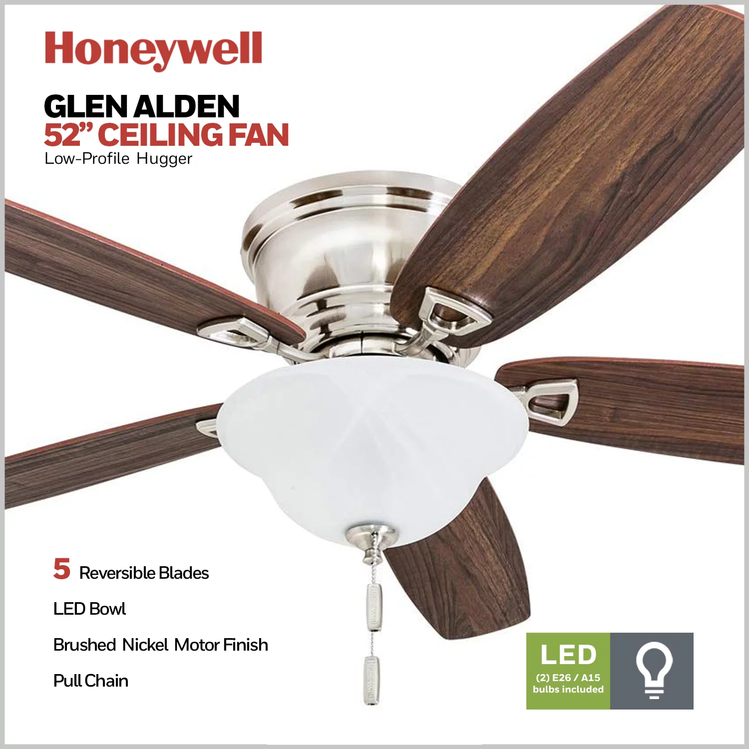 Honeywell Glen Alden 52' Nickel Low Profile Ceiling Fan with 5 Blades, Bowl Light Kit, Pull Chains & Reverse Airflow