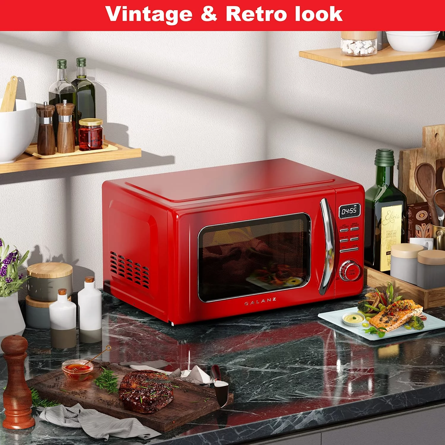 Galanz Retro Countertop Microwave Oven with Auto Cook & Reheat, Defrost, Quick Start Functions, Easy Clean with Glass Turntable, Pull Handle, 1.1 cu ft, Red