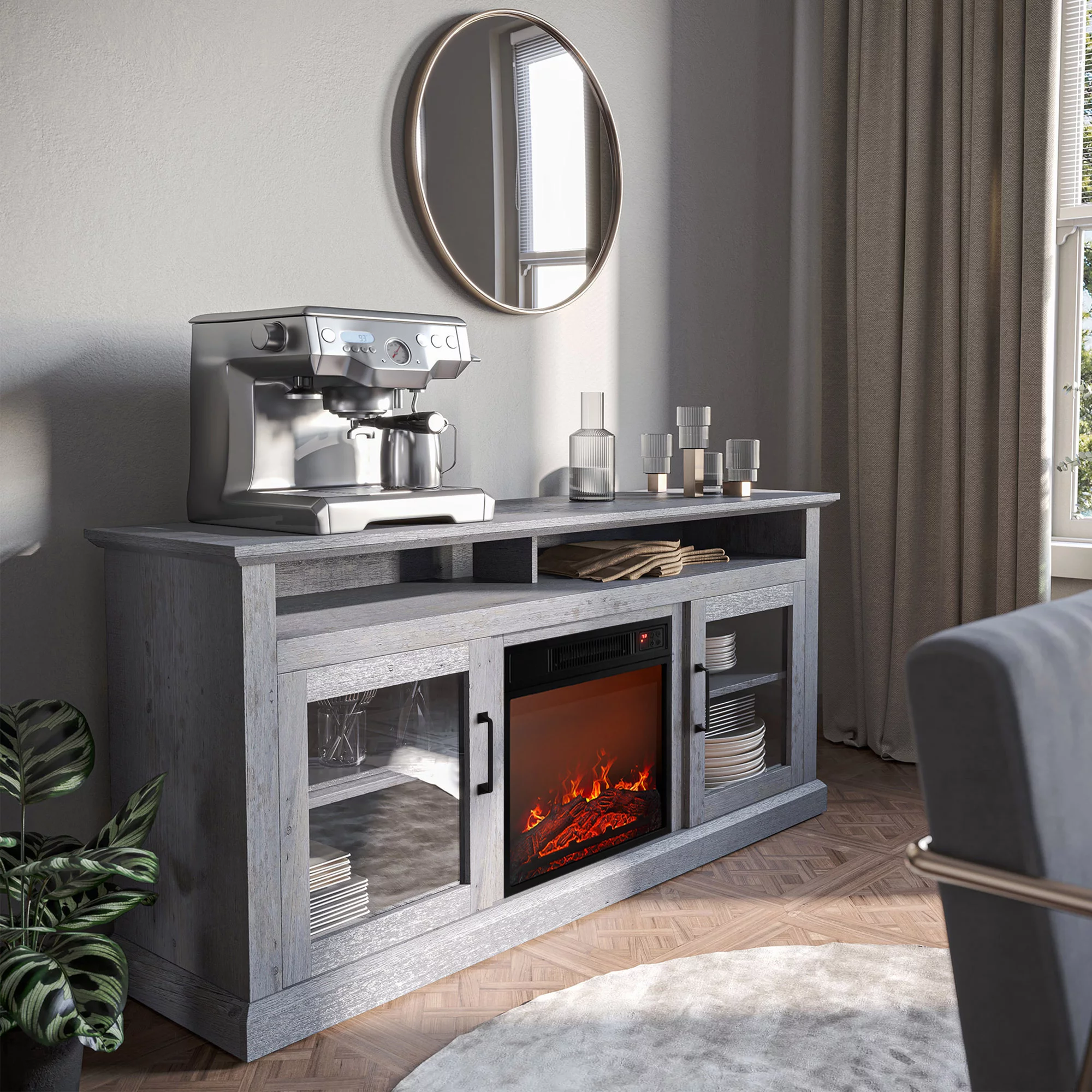 BELLEZE 60' Traditonal TV Stand Media Entertainment Center For TVs up to 65' with 18' Fireplace - Cayman (Light Gray)