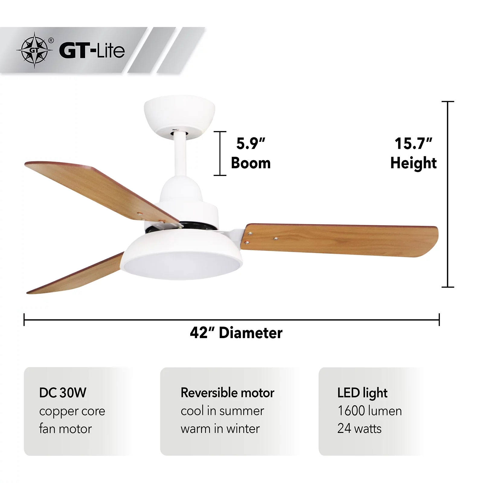 GT-Lite 42' Indoor Ceiling Fan with LED Light and Remote Control, Reversible Motor, Reversible Blades��3 Wood Fan Blades