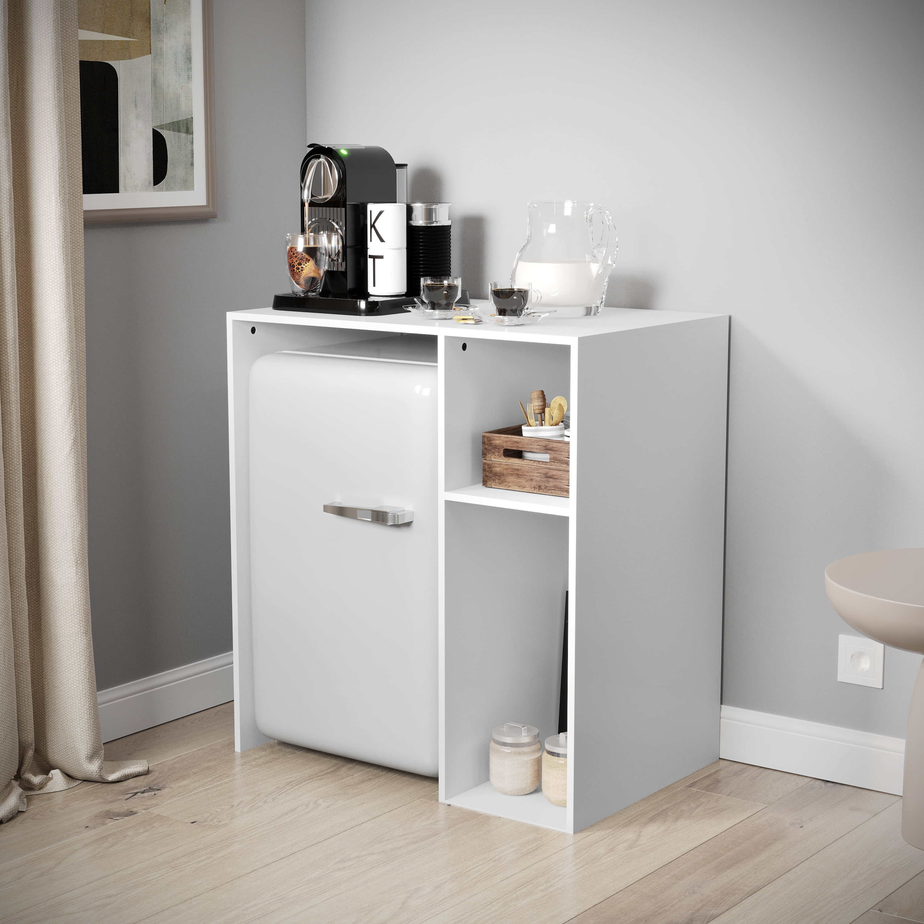 Emma + Oliver Mini Fridge Overshelf with Dual Side Cubbies in White