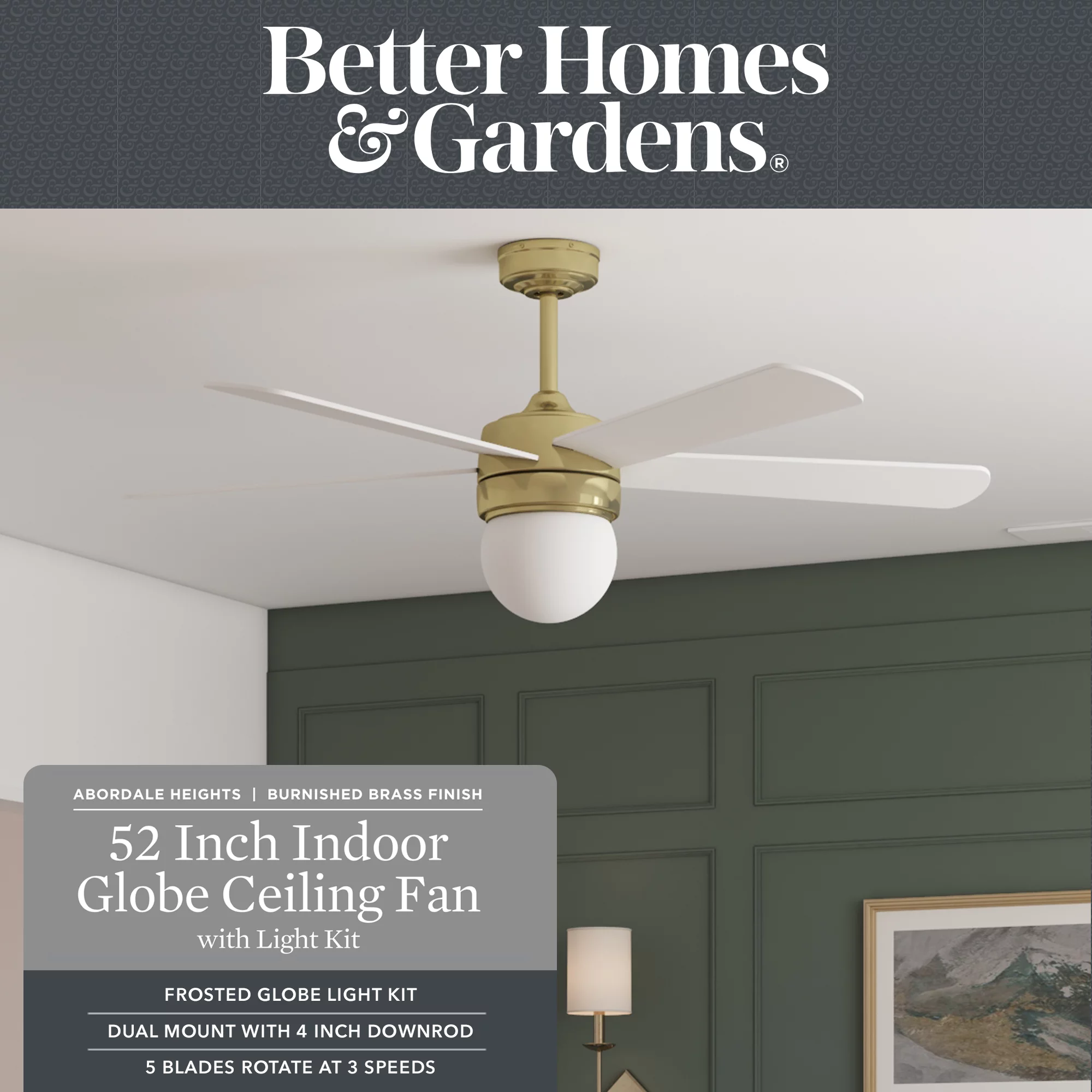 Better Homes & Gardens 52' Gold Modern Indoor Ceiling Fan with Light, 5 Blades, Remote & Reverse Airflow