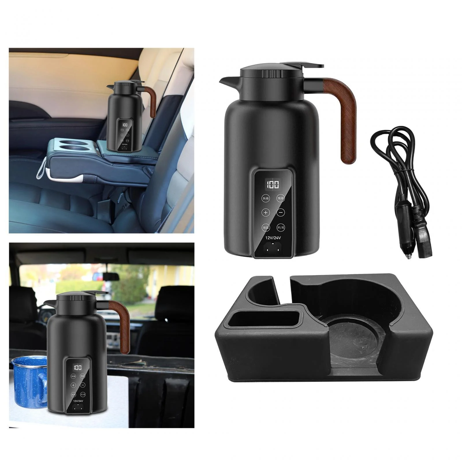 flameer Car Heating Cup Fast Boiling 12V/24V Display Electric Heat Water Cup for Tea Black