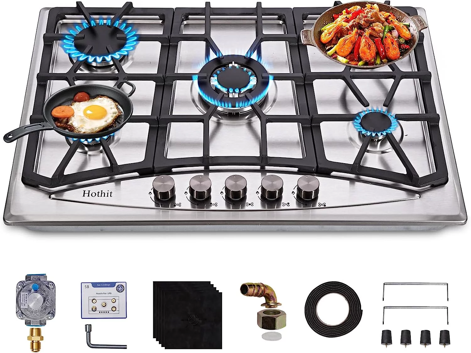 Hothit Propane Gas Cooktop 30' Inch, 5 Burner Built-in Stainless Steel Gas Stove Top, LPG/NG Dual Fuel Auto Ignition Gas Hob, Include Gas Pressure Regulator(L30'��W20')