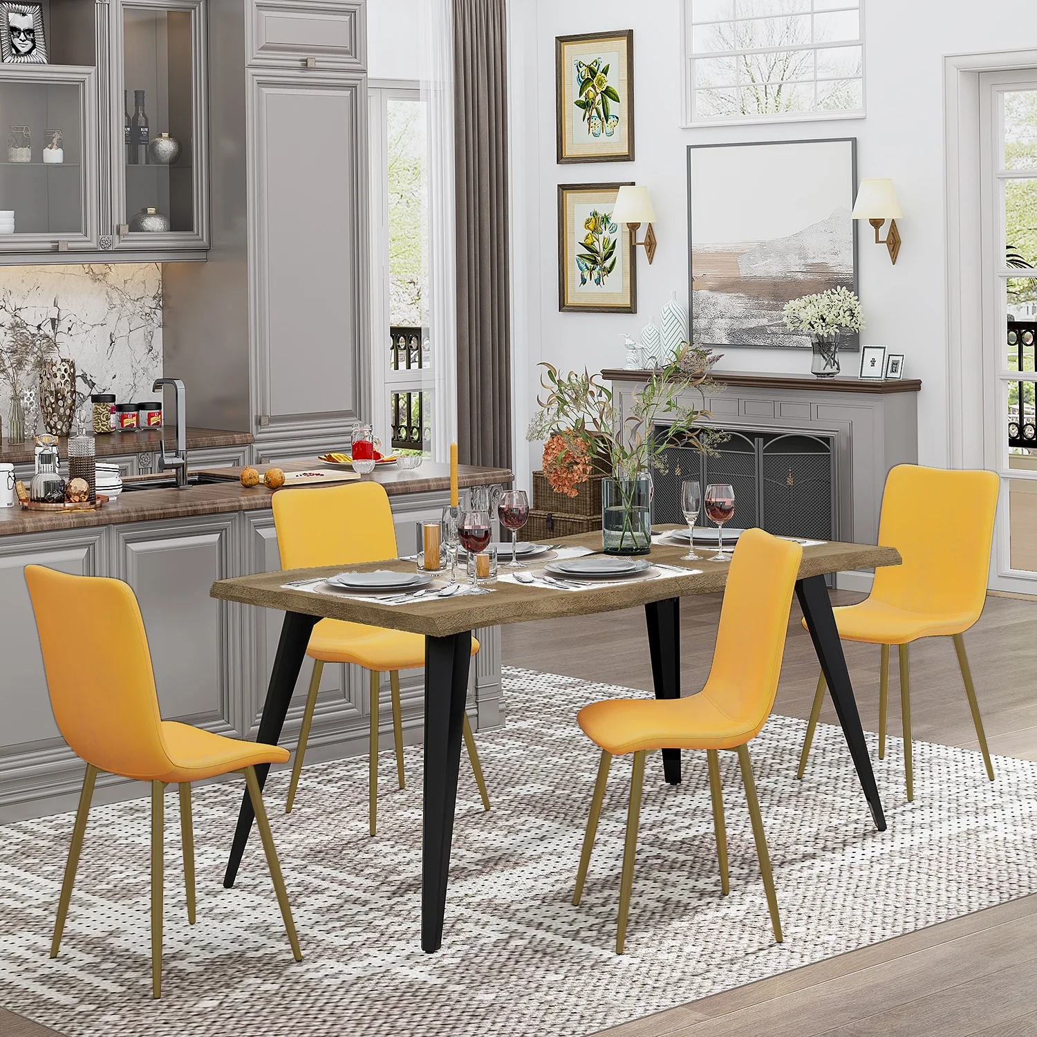 Homy Casa Velvet Dining Chairs Set of 4, Modern Upholstered Dining Side Chairs Vibrant Yellow